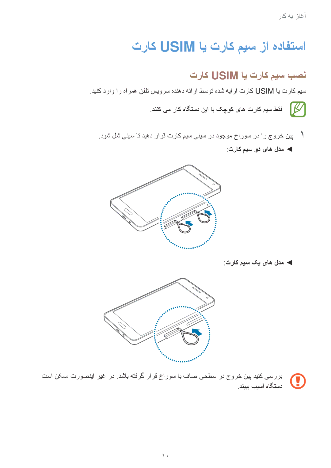 Samsung SM-A500HZSDEGY, SM-A500HZKDTUN, SM-A500HZWDCAC manual تراک Usim ای تراک میس زا هدافتسا, تراک Usim ای تراک میس بصن 