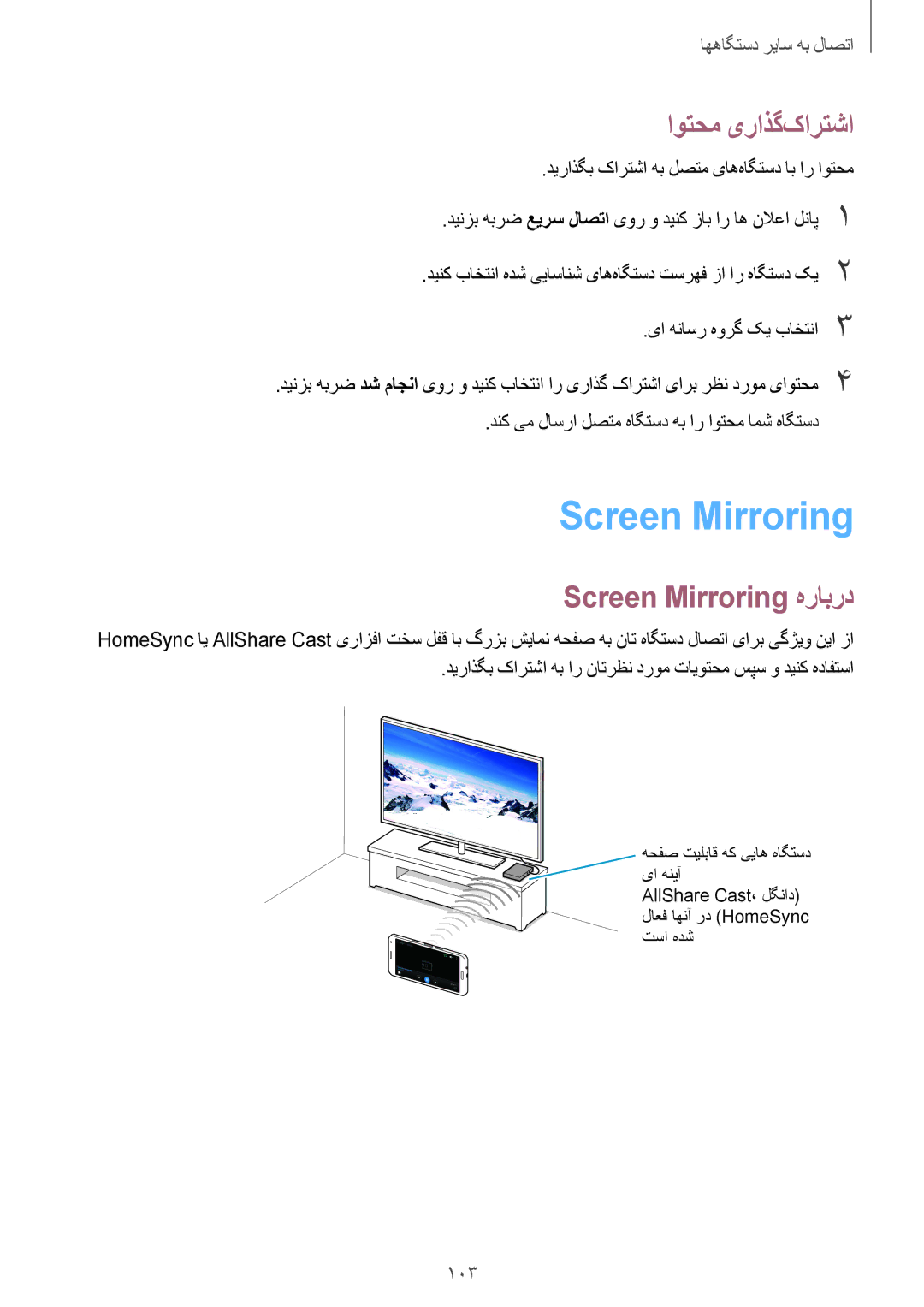 Samsung SM-A500HZKDKSA, SM-A500HZKDTUN, SM-A500HZWDCAC, SM-A500HZIDEGY manual اوتحم یراذگ‌کارتشا, Screen Mirroring هرابرد 