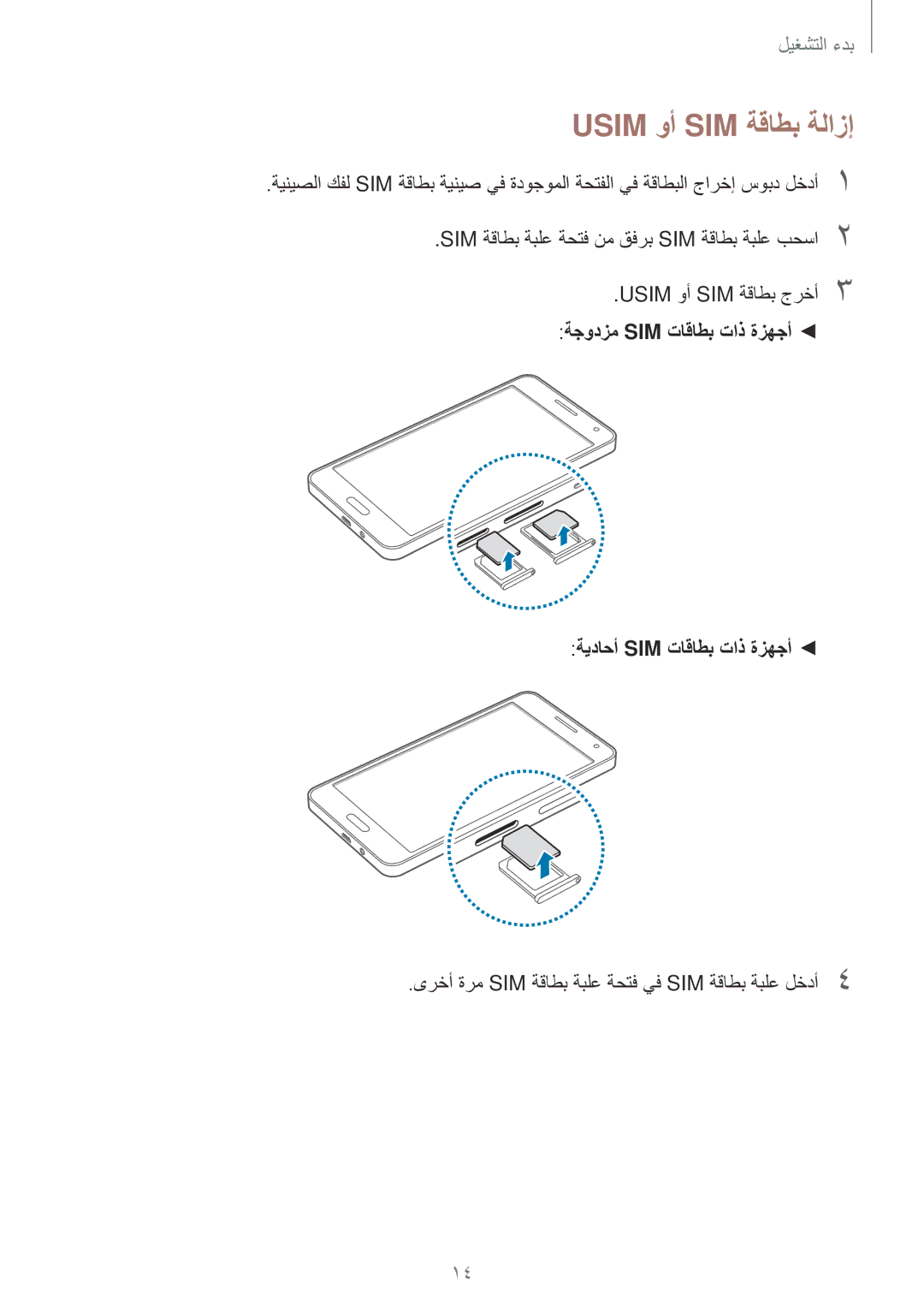 Samsung SM-A500HZKDTUN, SM-A500HZWDCAC, SM-A500HZIDEGY, SM-A500HZWDAFR manual Usim وأ SIM ةقاطب ةلازإ, Usim وأ SIM ةقاطب جرخأ3 