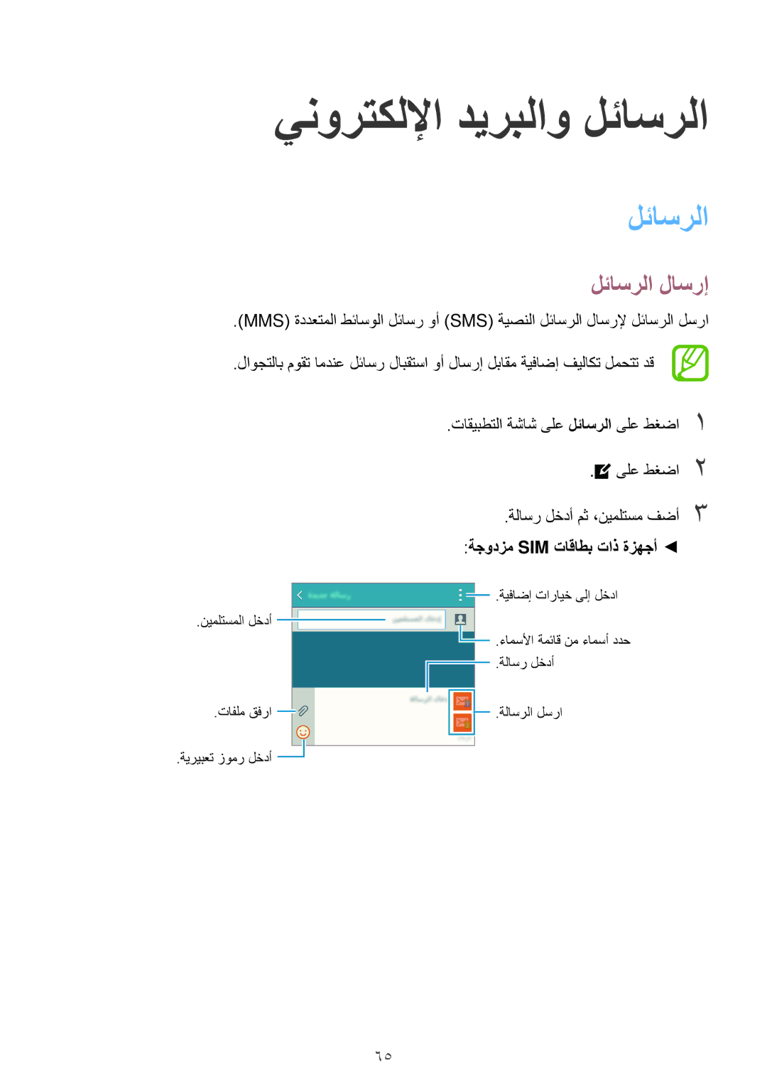 Samsung SM-A500HZKDBTC manual لئاسرلا لاسرإ, ىلع طغضا2 ةلاسر لخدأ مث ،نيملتسم فضأ3, ةجودزم Sim تاقاطب تاذ ةزهجأ 