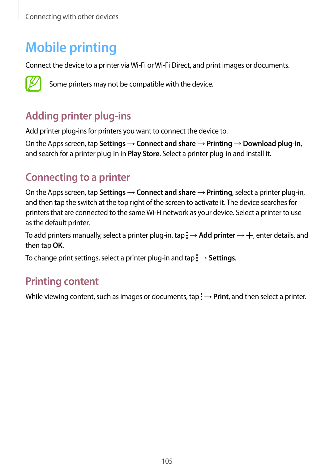 Samsung SM-A500HZKDTUN, SM-A500HZWDCAC Mobile printing, Adding printer plug-ins, Connecting to a printer, Printing content 