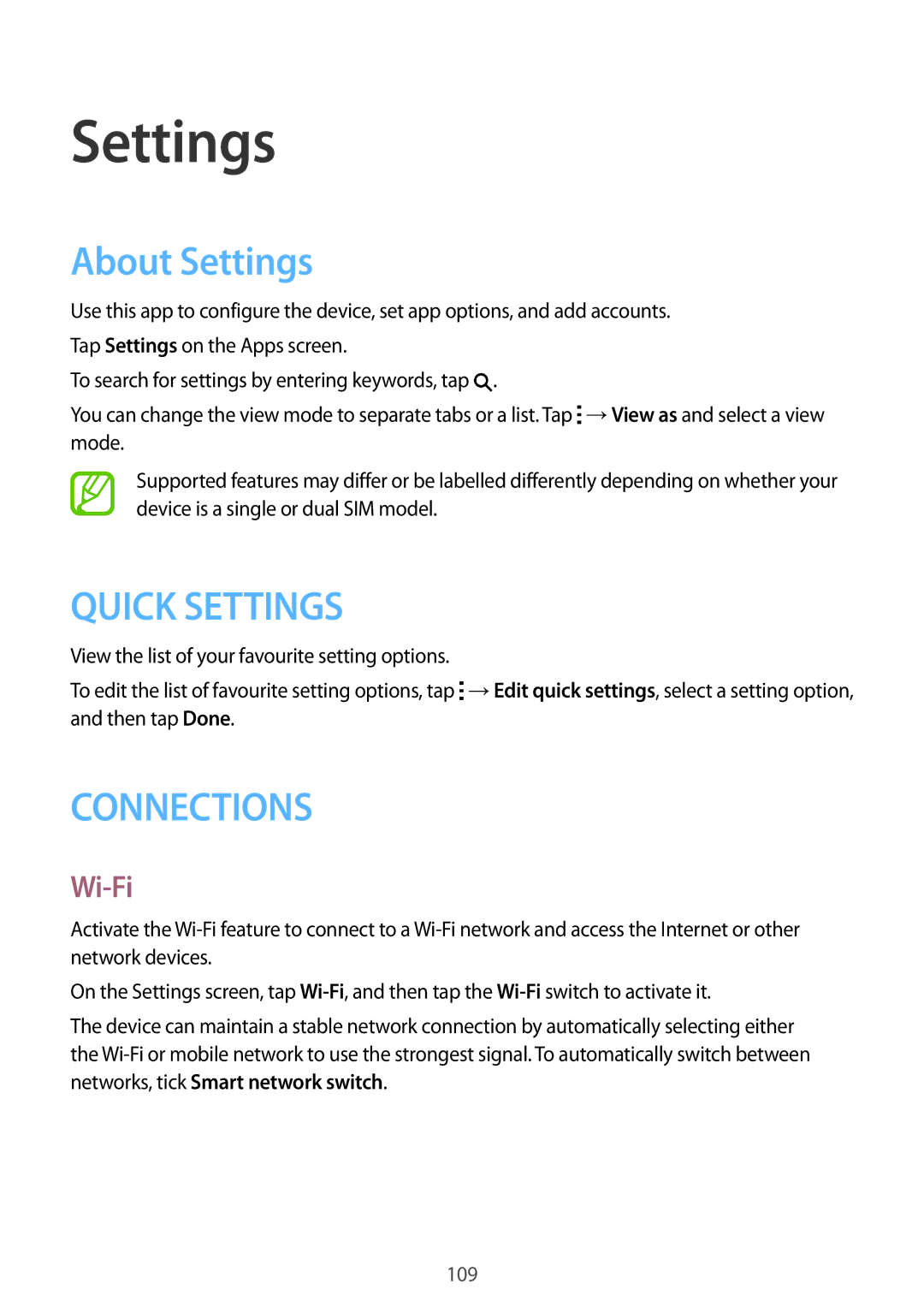 Samsung SM-A500HZKDEGY, SM-A500HZKDTUN, SM-A500HZWDCAC, SM-A500HZIDEGY, SM-A500HZWDAFR manual About Settings, Wi-Fi 