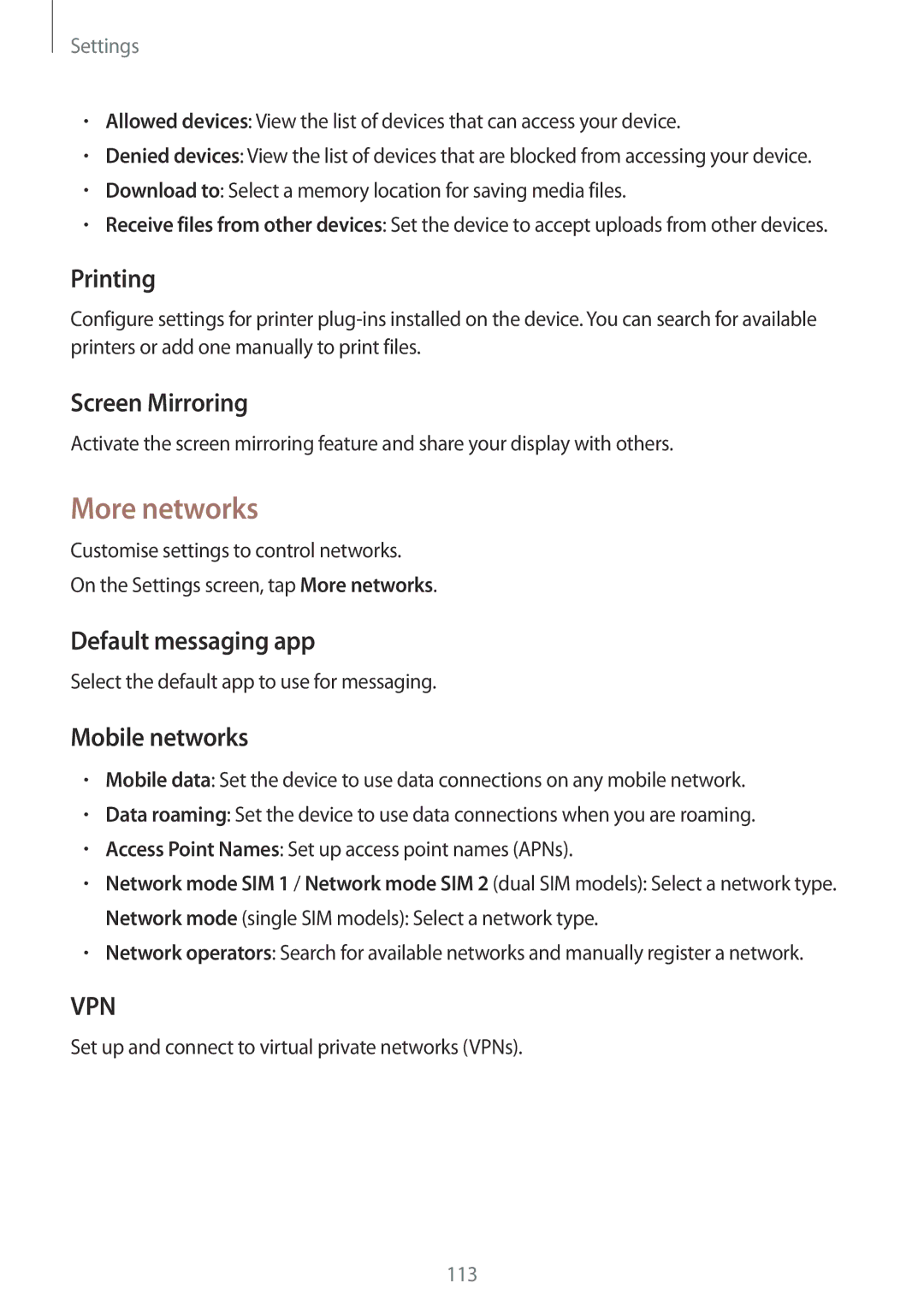 Samsung SM-A500HZKDAFR, SM-A500HZKDTUN More networks, Printing, Screen Mirroring, Default messaging app, Mobile networks 