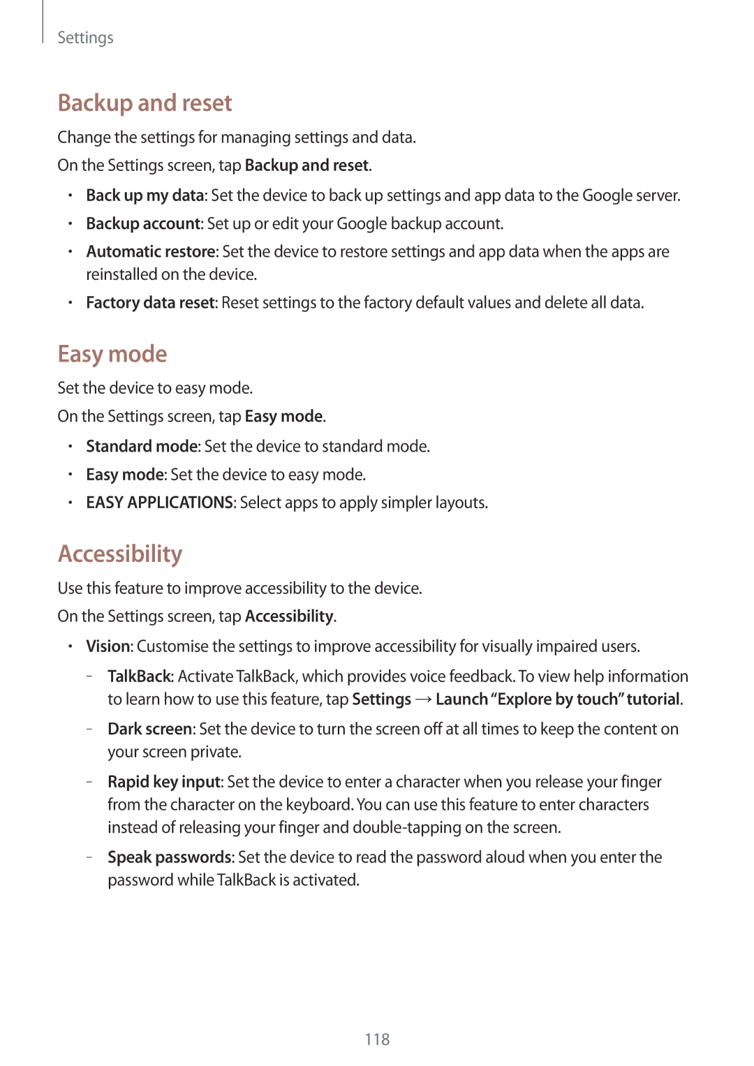 Samsung SM-A500HZKDTHR, SM-A500HZKDTUN, SM-A500HZWDCAC, SM-A500HZIDEGY manual Backup and reset, Easy mode, Accessibility 