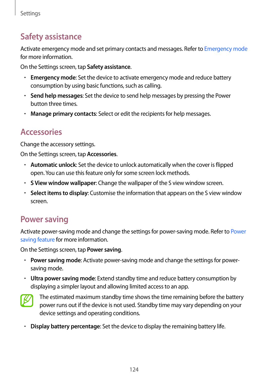 Samsung SM-A500HZKDEGY, SM-A500HZKDTUN, SM-A500HZWDCAC, SM-A500HZIDEGY manual Safety assistance, Accessories, Power saving 