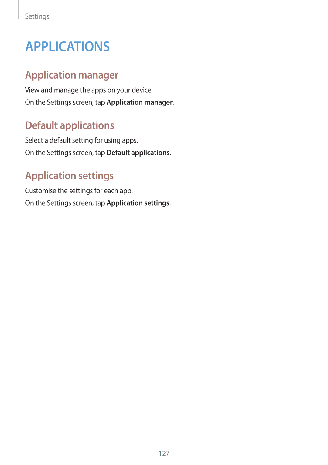 Samsung SM-A500HZWDKSA, SM-A500HZKDTUN, SM-A500HZWDCAC manual Application manager, Default applications, Application settings 