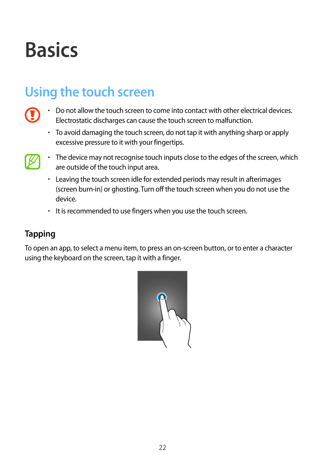 Samsung SM-A500HZWDKSA, SM-A500HZKDTUN, SM-A500HZWDCAC, SM-A500HZIDEGY manual Basics, Using the touch screen, Tapping 