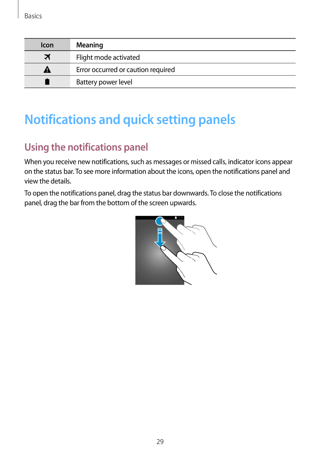 Samsung SM-A500HZKDXXV, SM-A500HZKDTUN manual Notifications and quick setting panels, Using the notifications panel 