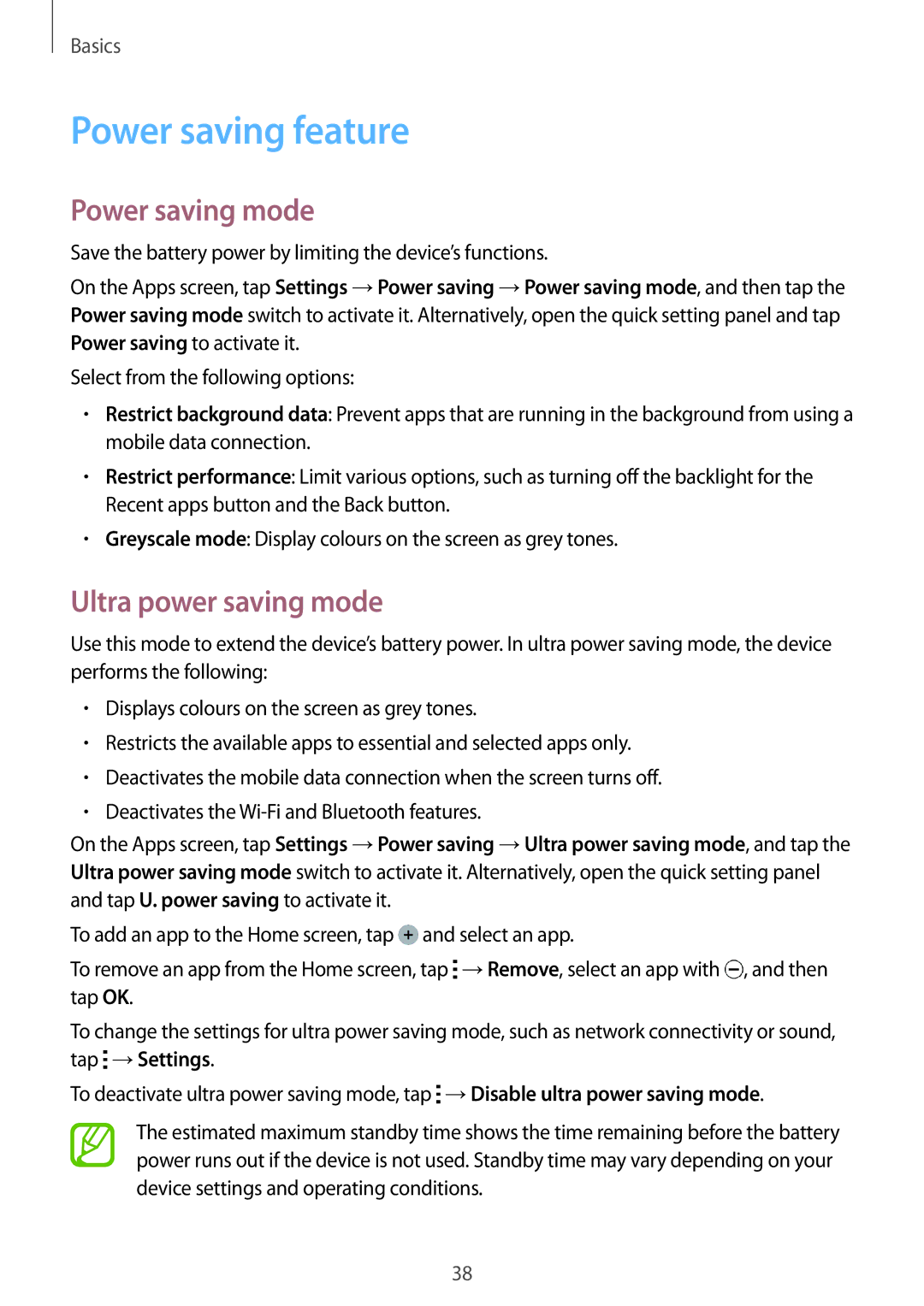 Samsung SM-A500HZKDAFR, SM-A500HZKDTUN, SM-A500HZWDCAC Power saving feature, Power saving mode, Ultra power saving mode 