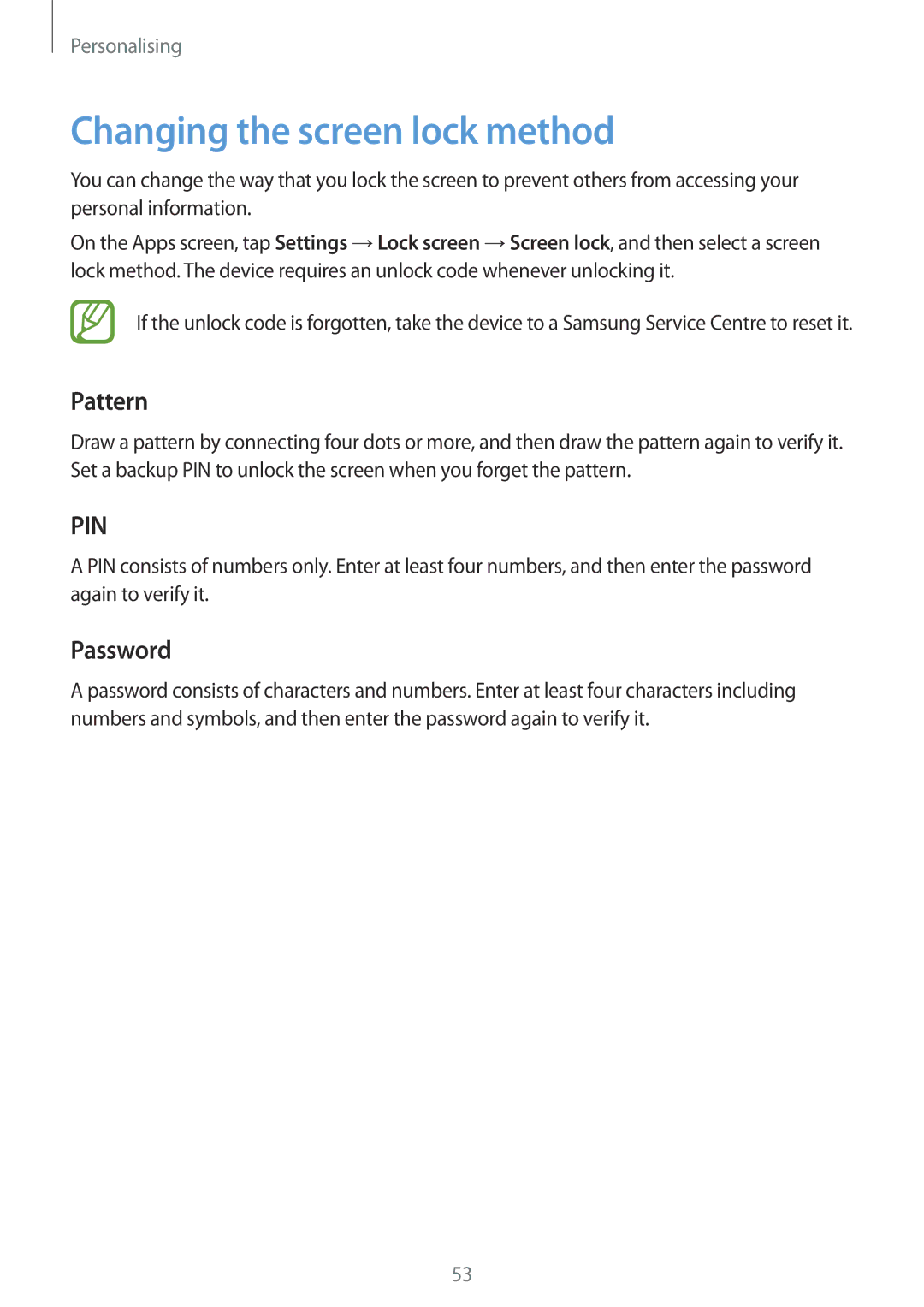 Samsung SM-A500HZKDAFR, SM-A500HZKDTUN, SM-A500HZWDCAC, SM-A500HZIDEGY Changing the screen lock method, Pattern, Password 