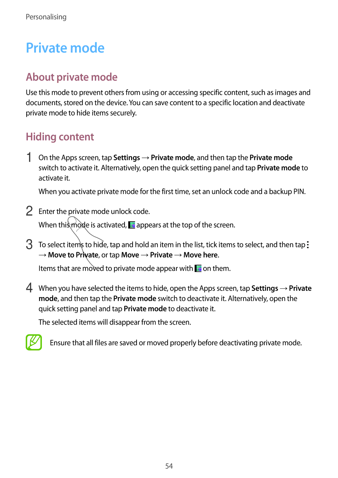 Samsung SM-A500HZKDBTC, SM-A500HZKDTUN, SM-A500HZWDCAC, SM-A500HZIDEGY manual Private mode, About private mode, Hiding content 