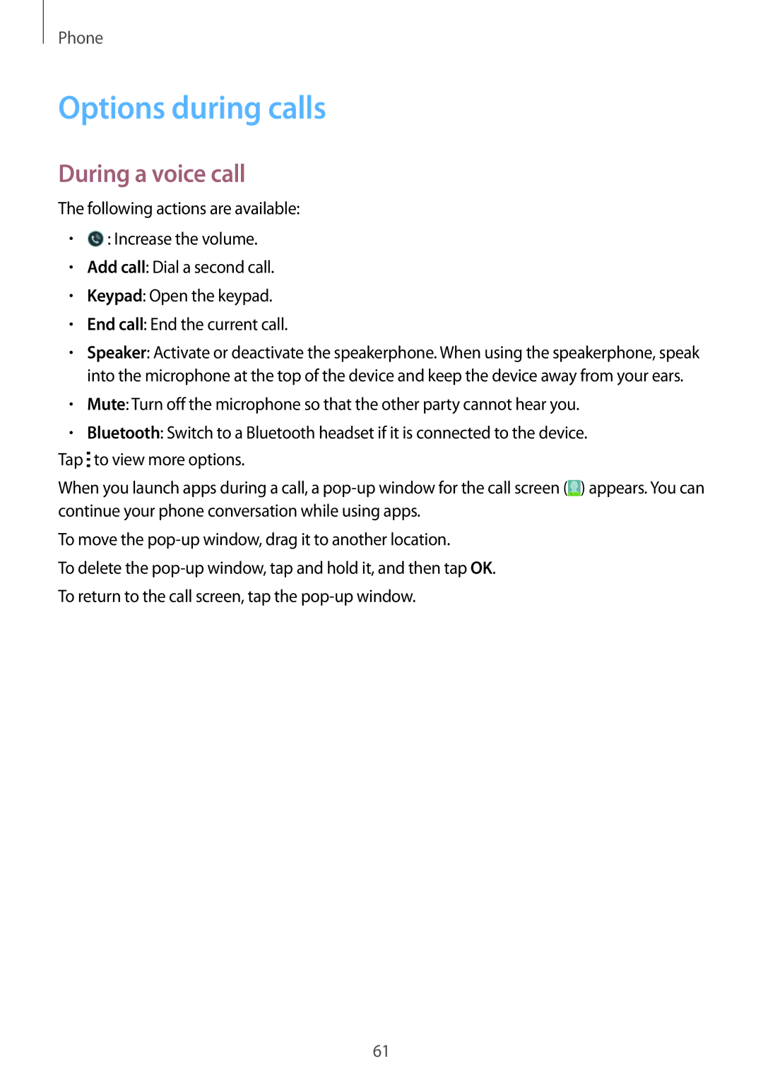 Samsung SM-A500HZWDCAC, SM-A500HZKDTUN, SM-A500HZIDEGY, SM-A500HZWDAFR manual Options during calls, During a voice call 