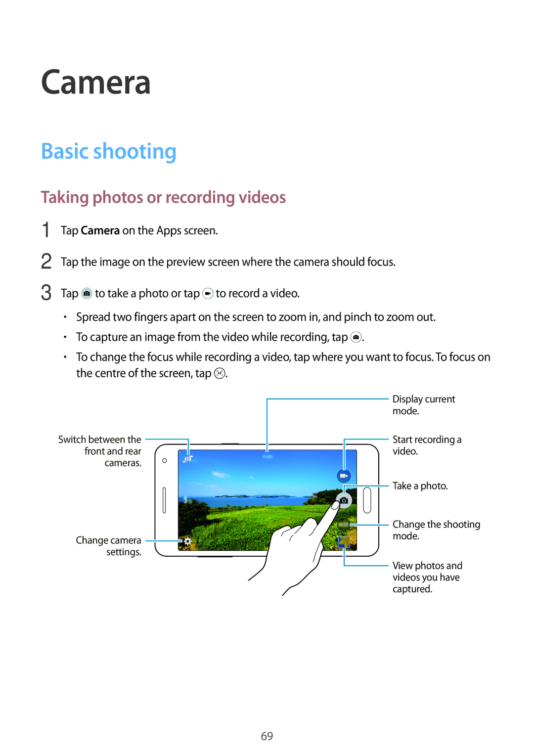 Samsung SM-A500HZKDBTC, SM-A500HZKDTUN, SM-A500HZWDCAC manual Camera, Basic shooting, Taking photos or recording videos 