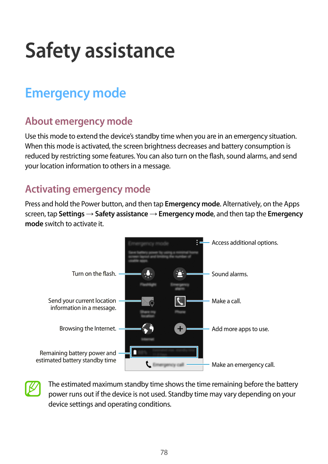 Samsung SM-A500HZWDAFR, SM-A500HZKDTUN Safety assistance, Emergency mode, About emergency mode, Activating emergency mode 