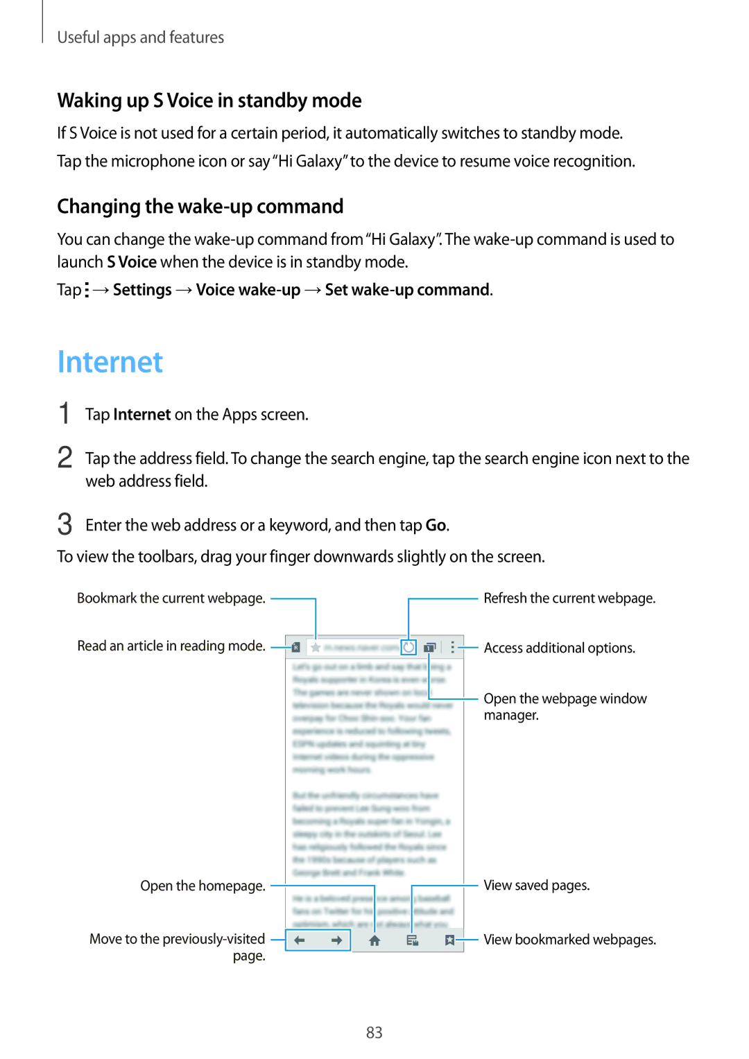 Samsung SM-A500HZKDAFR, SM-A500HZKDTUN manual Internet, Waking up S Voice in standby mode, Changing the wake-up command 