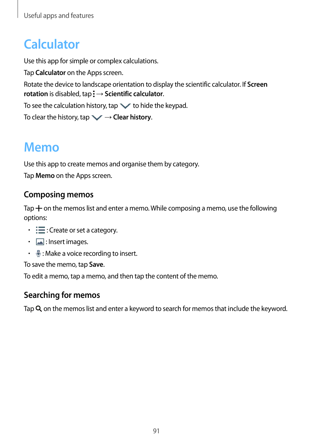 Samsung SM-A500HZWDCAC, SM-A500HZKDTUN, SM-A500HZIDEGY manual Calculator, Memo, Composing memos, Searching for memos 