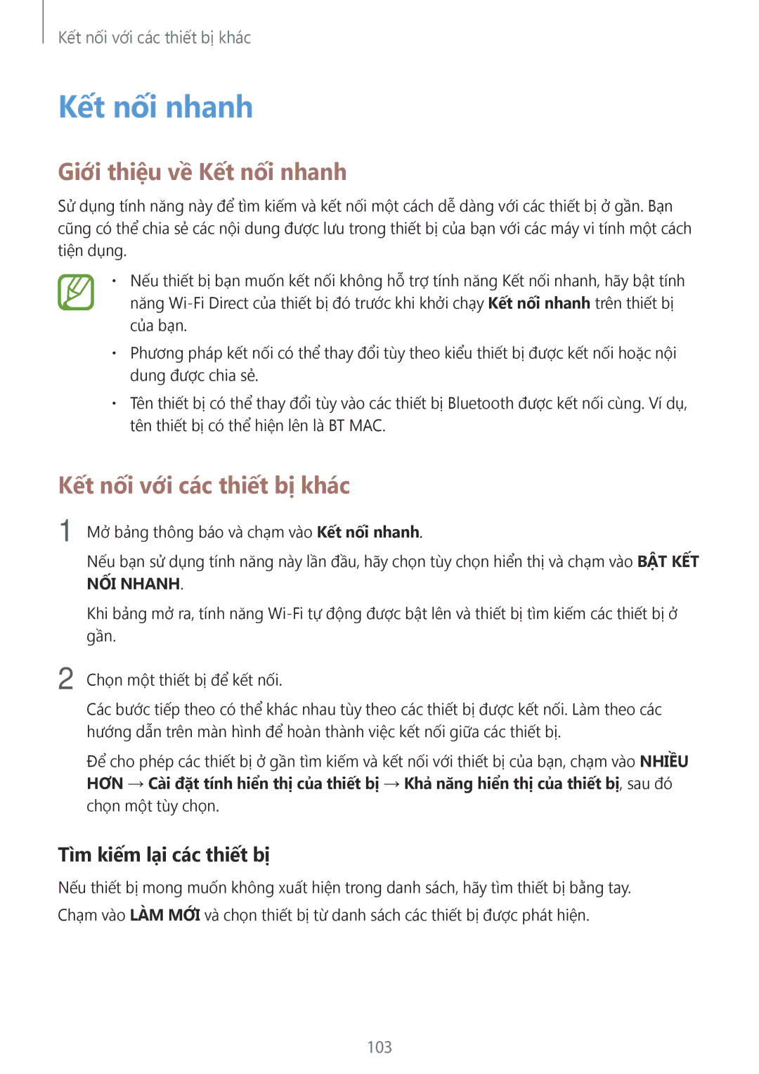 Samsung SM-A500HZKDXXV manual Giới thiệu về Kết nối nhanh, Tìm kiếm lại các thiết bị 