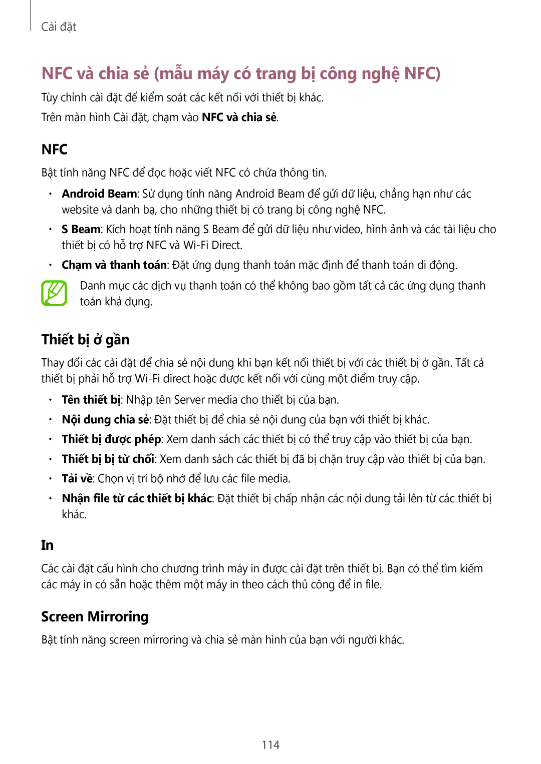 Samsung SM-A500HZKDXXV manual NFC và chia sẻ mẫu máy có trang bị công nghệ NFC, Thiết bị ở gần, Screen Mirroring 
