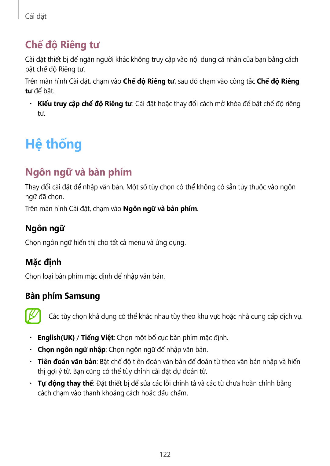 Samsung SM-A500HZKDXXV manual Hệ thống, Chế độ Riêng tư, Ngôn ngữ và bàn phím 