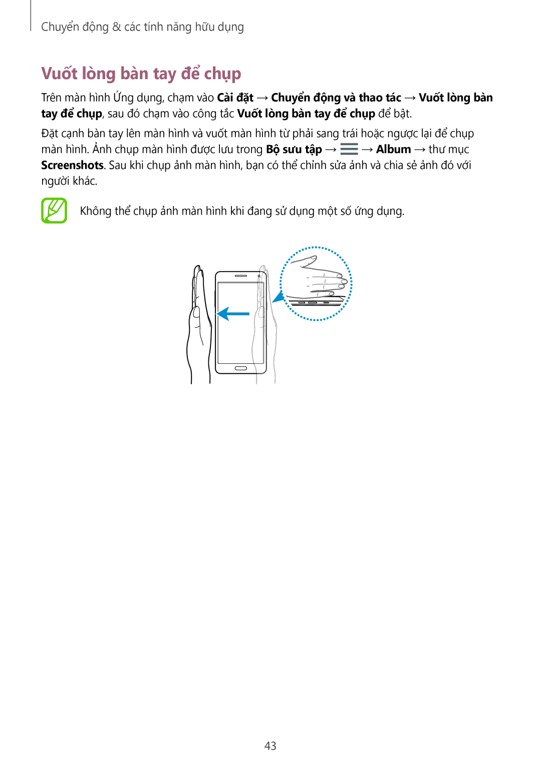 Samsung SM-A500HZKDXXV manual Vuốt lòng bàn tay để chụp 