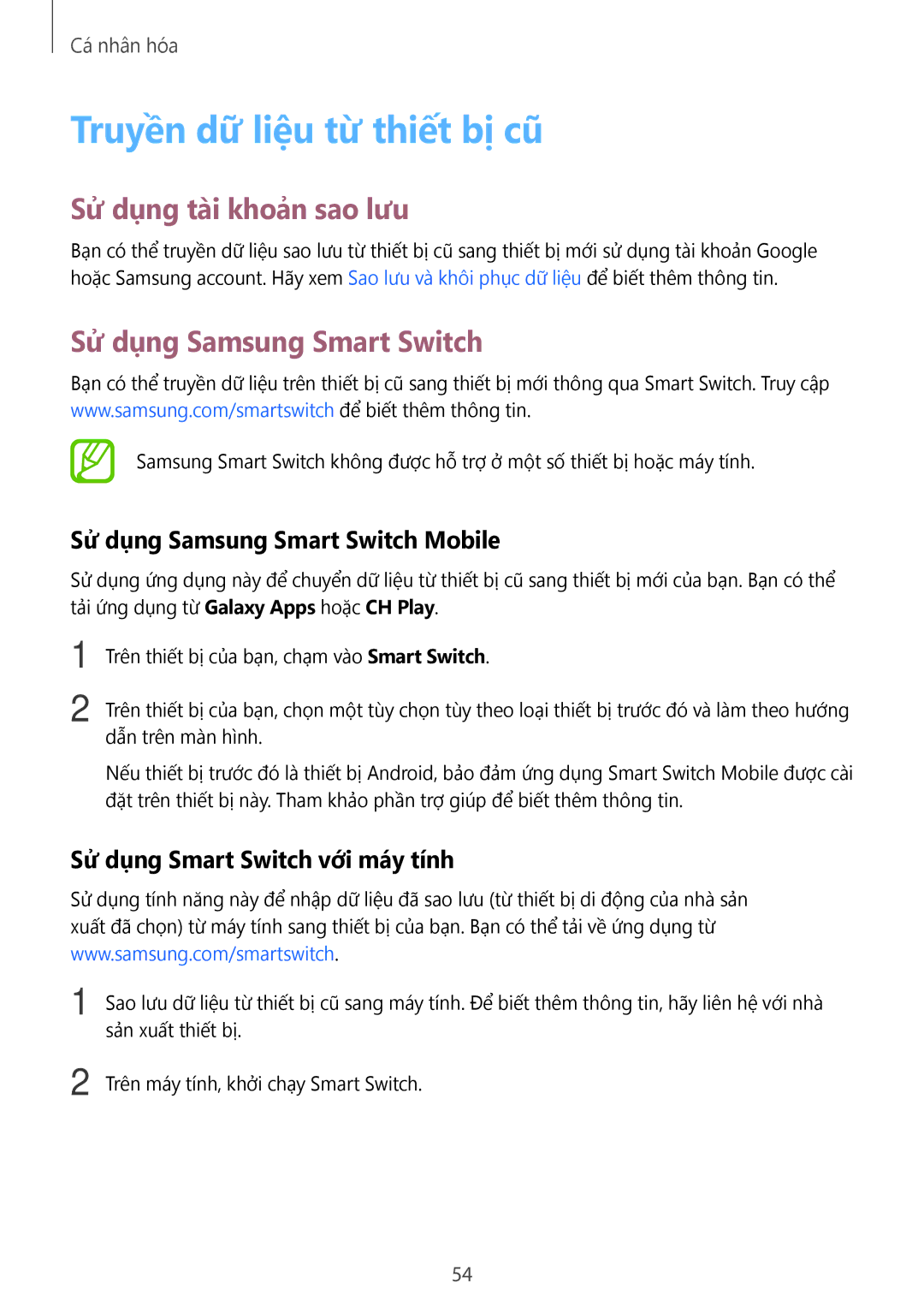 Samsung SM-A500HZKDXXV manual Truyền dữ liệu từ thiết bị cũ, Sử dụng tài khoản sao lưu, Sử dụng Samsung Smart Switch 