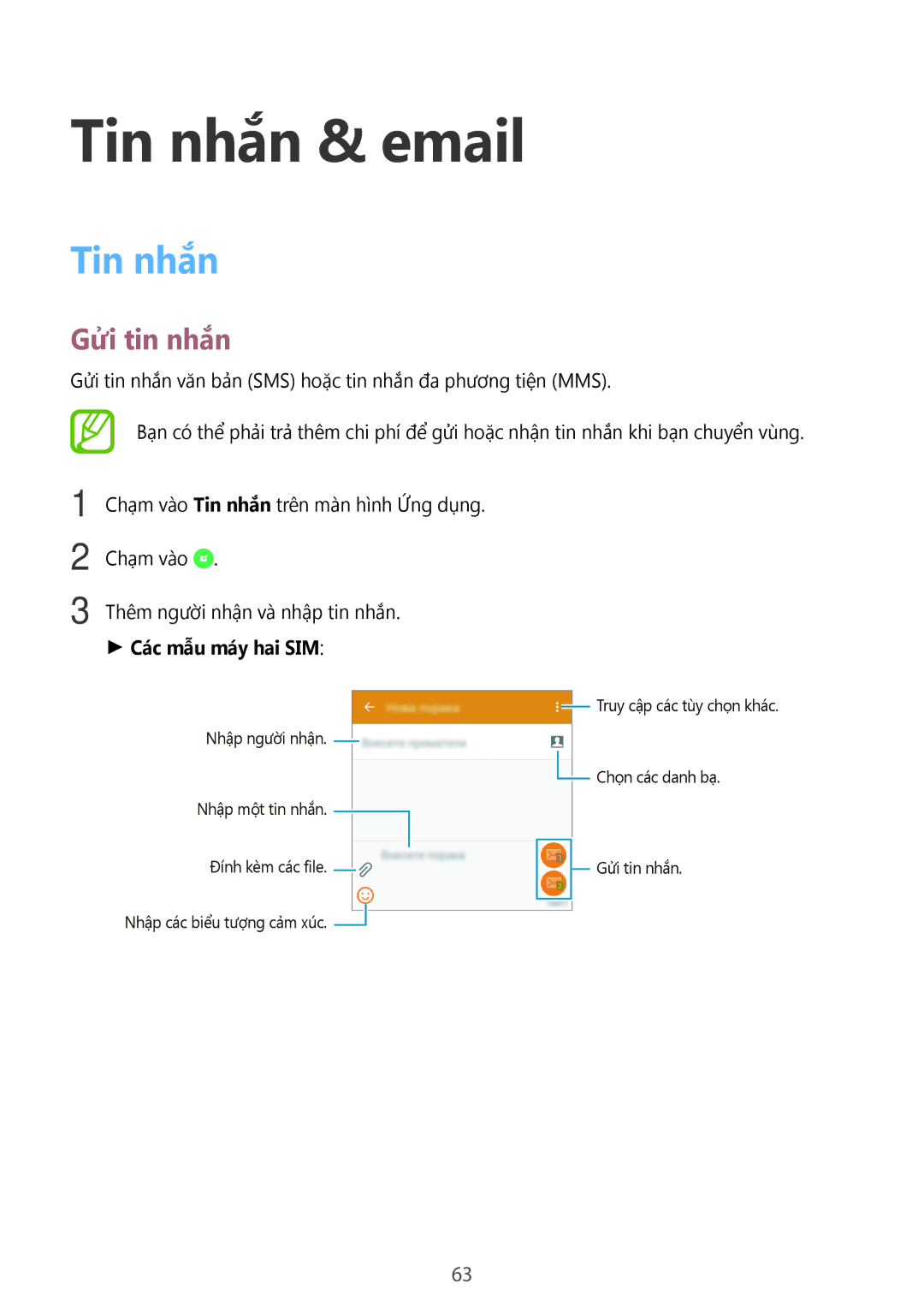 Samsung SM-A500HZKDXXV manual Tin nhắn & email, Gửi tin nhắn, Các mẫu máy hai SIM 