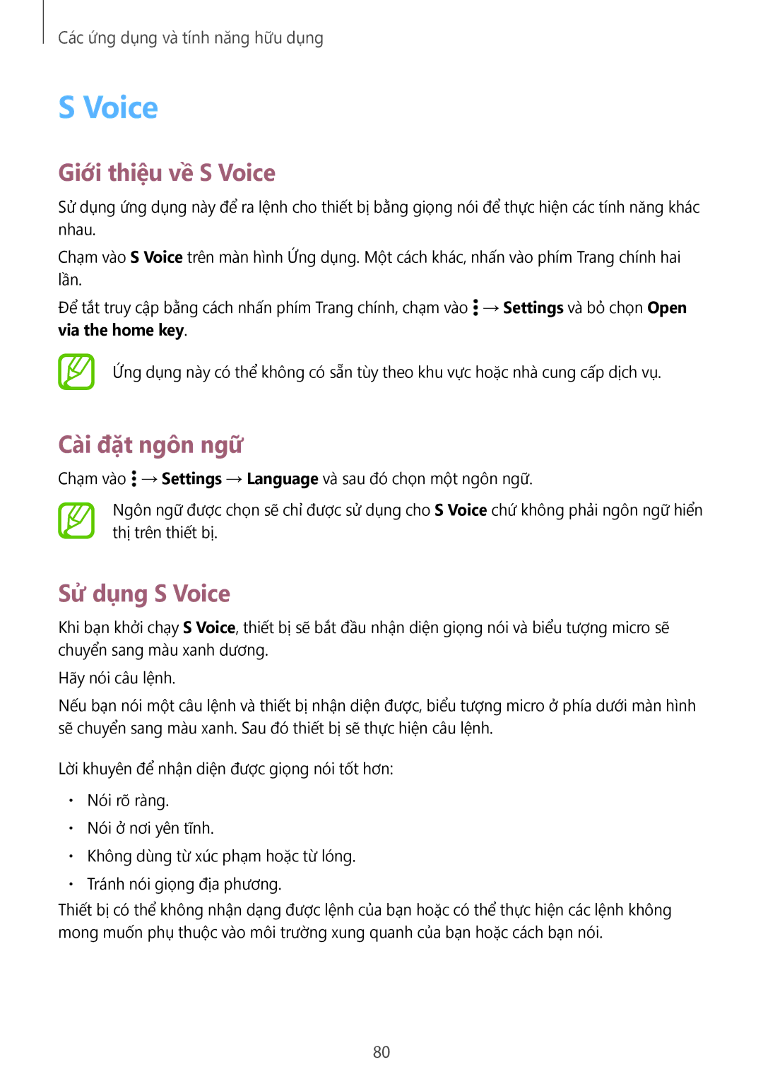 Samsung SM-A500HZKDXXV manual Giới thiệu về S Voice, Cài đặt ngôn ngữ, Sử dụng S Voice 