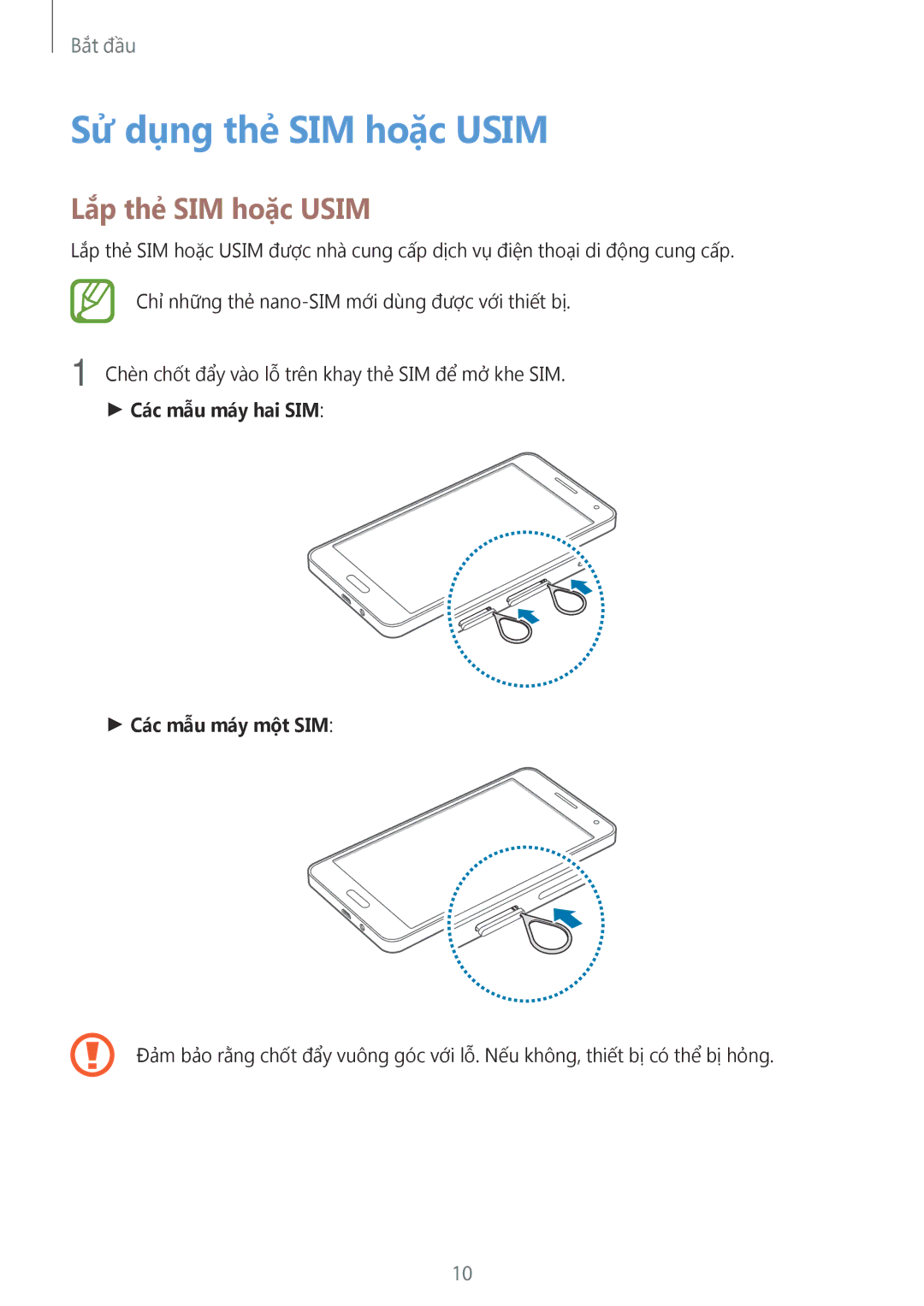 Samsung SM-A500HZKDXXV manual Sử dụng thẻ SIM hoặc Usim, Lắp thẻ SIM hoặc Usim, Các mẫu máy hai SIM Các mẫu máy một SIM 