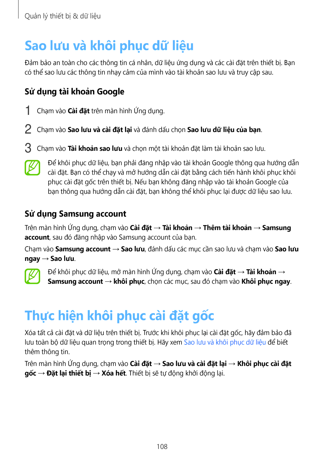 Samsung SM-A500HZKDXXV manual Sao lưu và khôi phục dữ liệu, Thực hiện khôi phục cài đặt gốc, Sử dụng tài khoản Google 