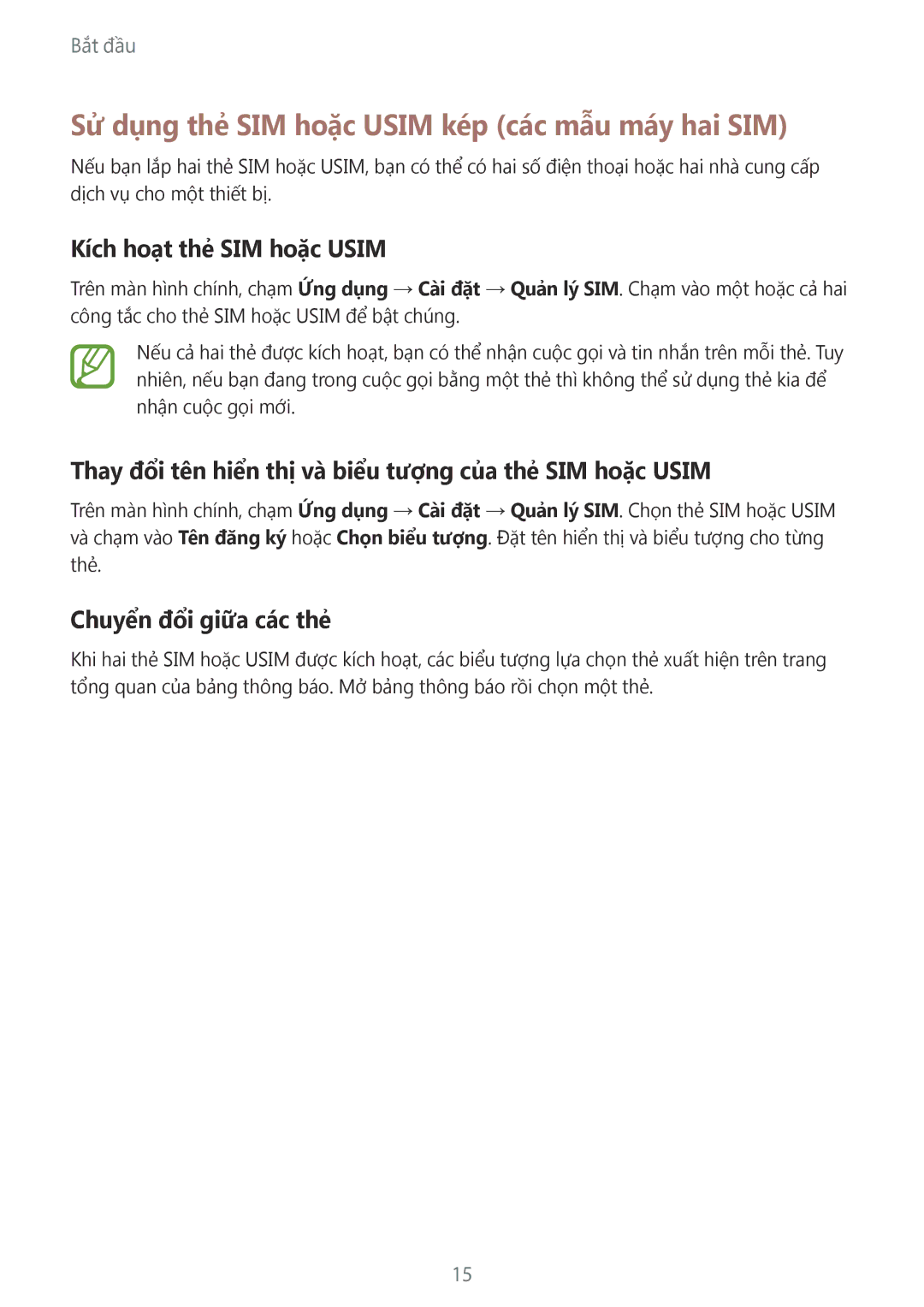 Samsung SM-A500HZKDXXV manual Sử dụng thẻ SIM hoặc Usim kép các mẫu máy hai SIM, Kích hoạt thẻ SIM hoặc Usim 
