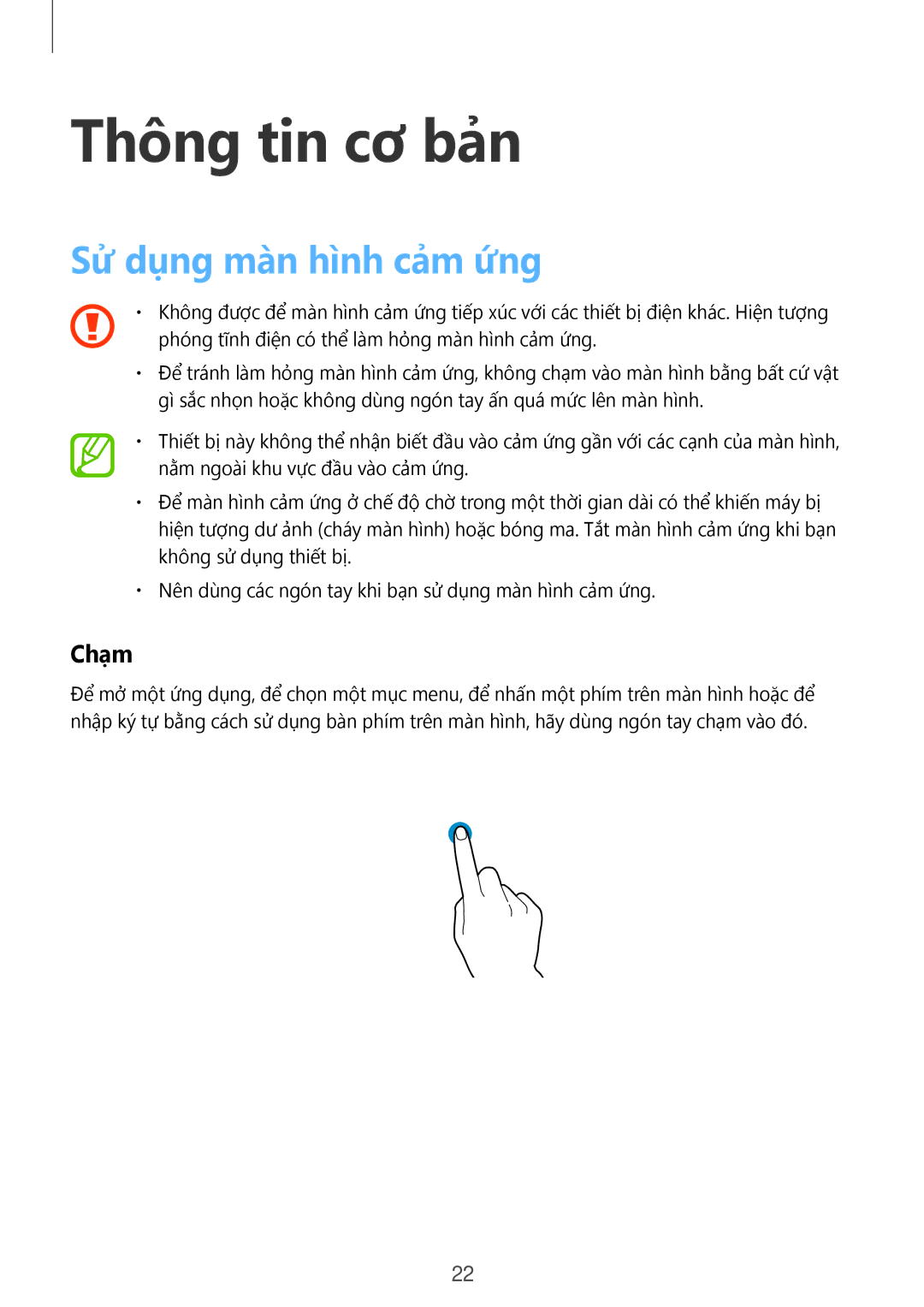 Samsung SM-A500HZKDXXV manual Thông tin cơ bản, Sử dụng màn hình cảm ứng, Chạm 