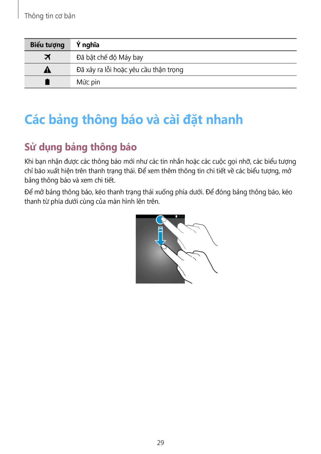 Samsung SM-A500HZKDXXV manual Các bảng thông báo và cài đặt nhanh, Sử dụng bảng thông báo, Biểu tượng Ý nghĩa 