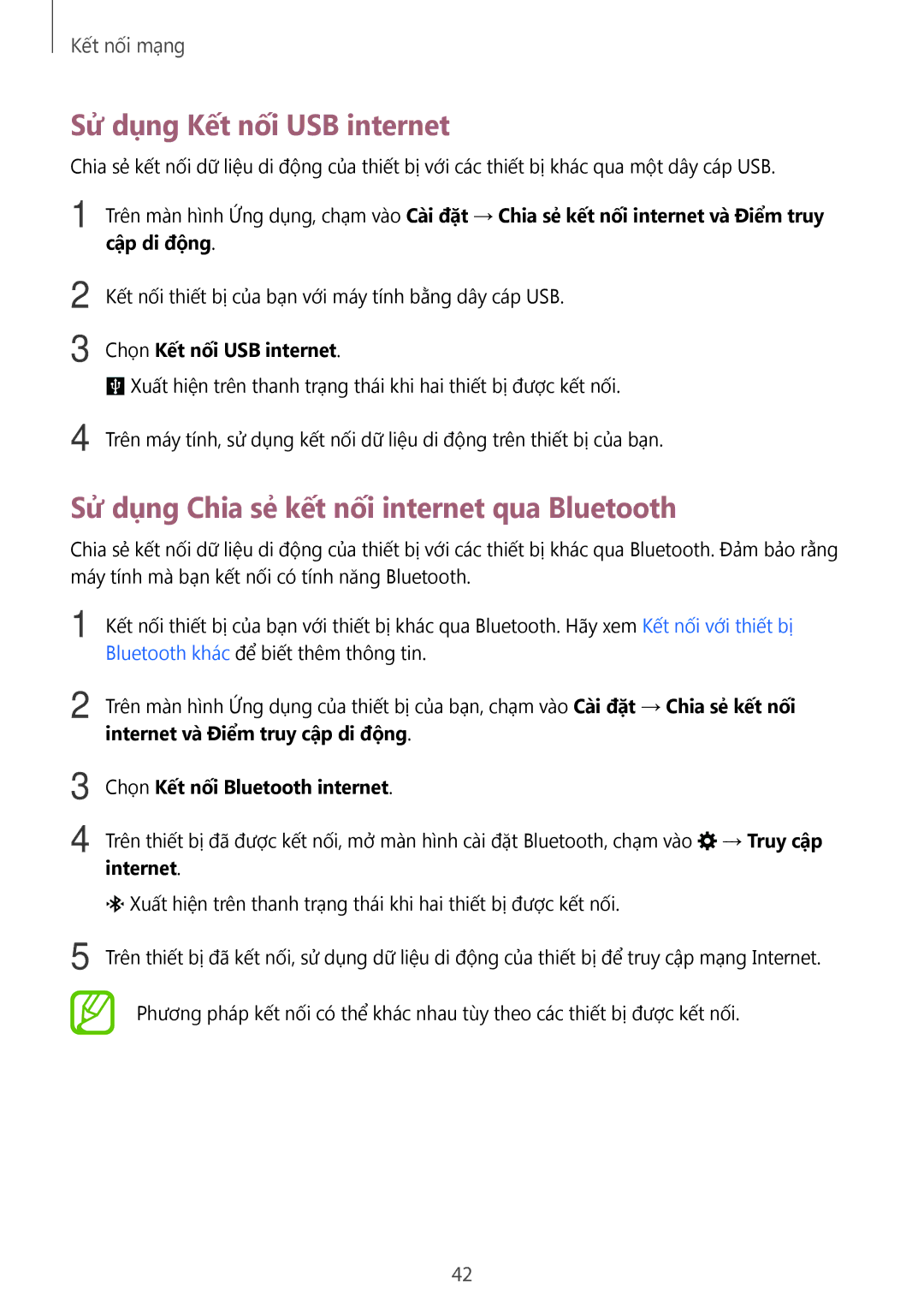 Samsung SM-A500HZKDXXV manual Sử dụng Kết nối USB internet, Sử dụng Chia sẻ kết nối internet qua Bluetooth 
