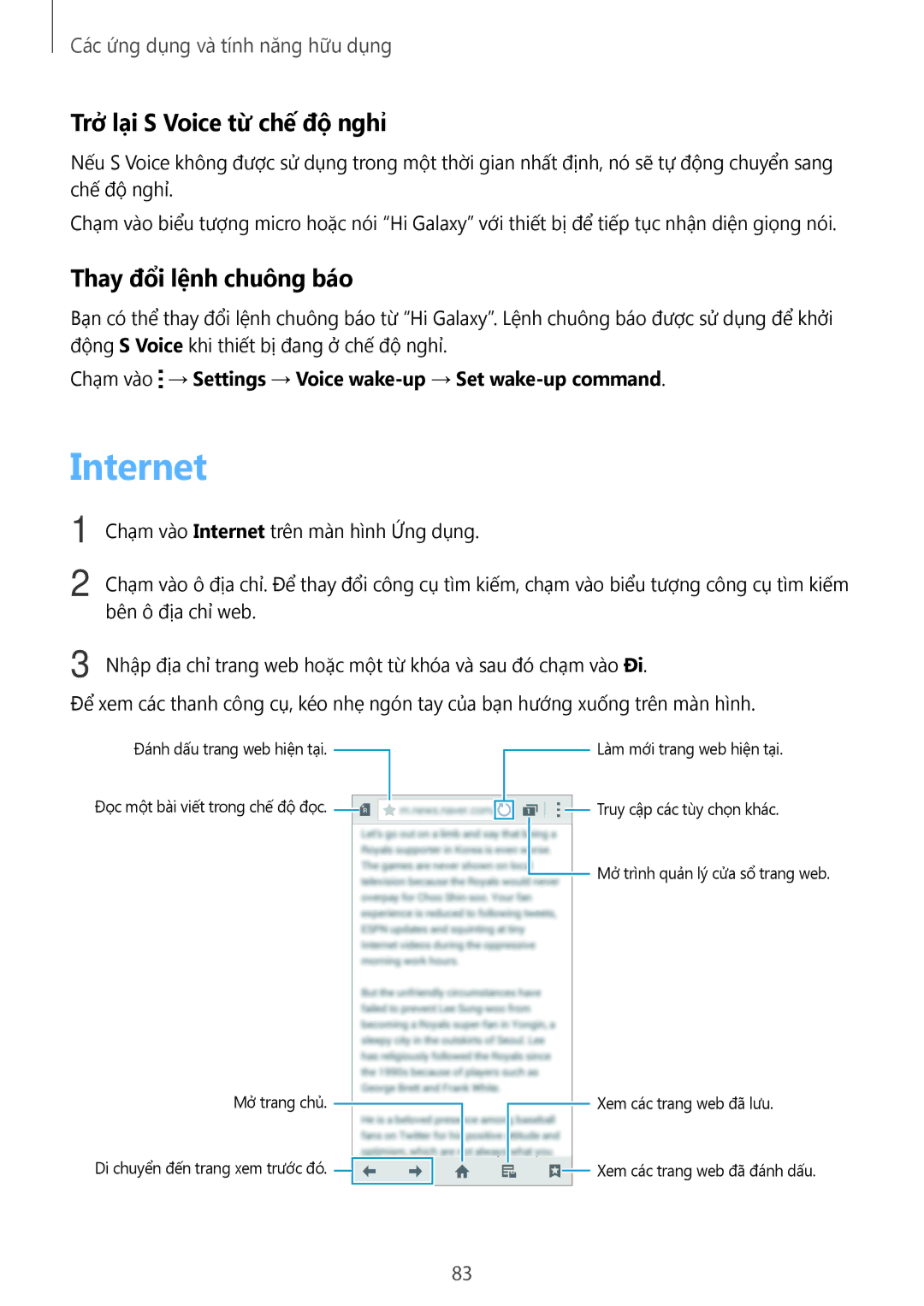 Samsung SM-A500HZKDXXV manual Internet, Trở lại S Voice từ chế độ nghỉ, Thay đổi lệnh chuông báo 