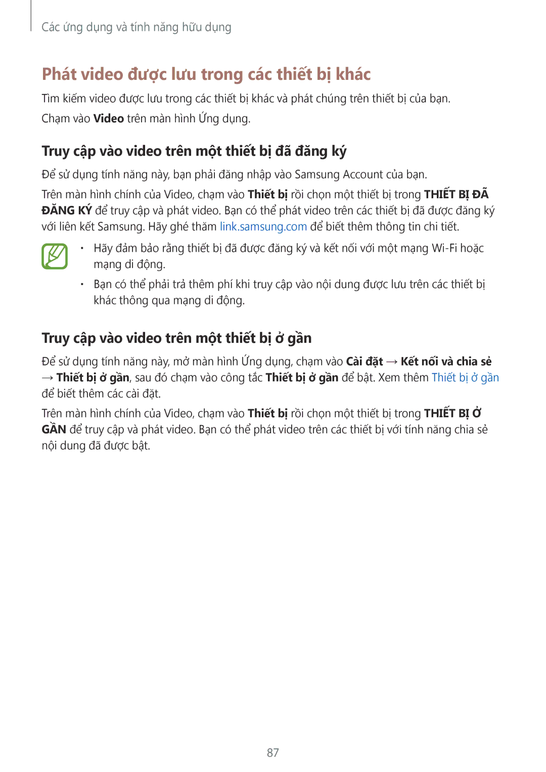 Samsung SM-A500HZKDXXV manual Phát video được lưu trong các thiết bị khác, Truy cập vào video trên một thiết bị đã đăng ký 