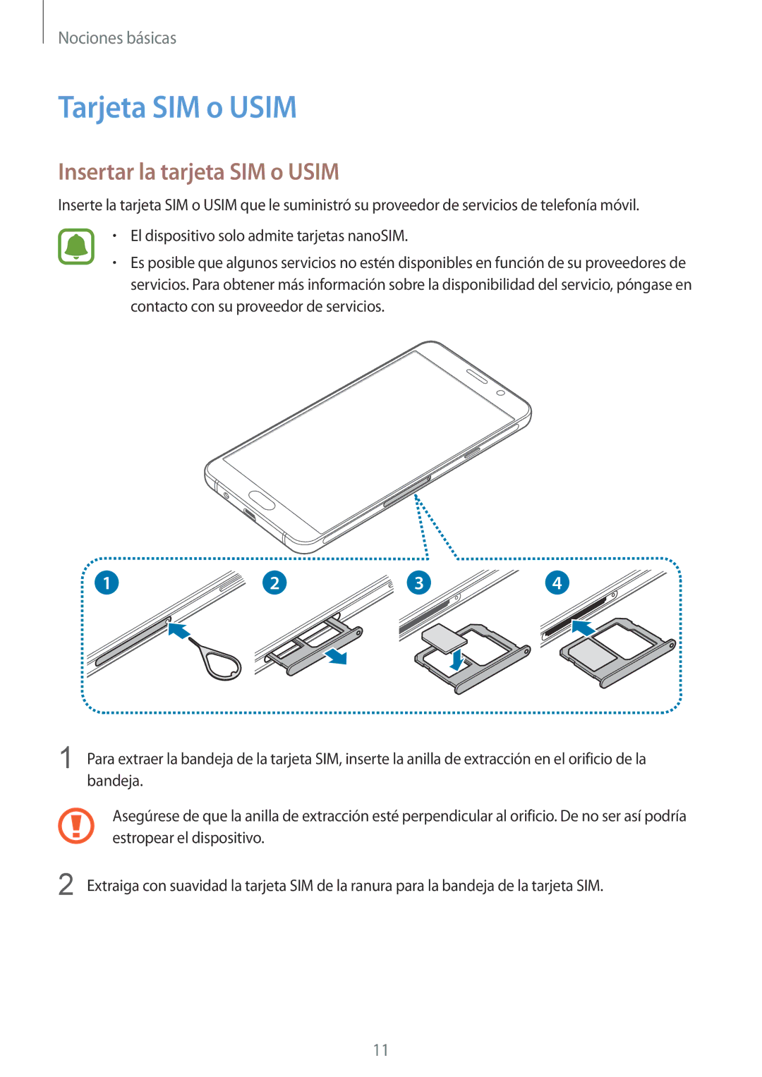 Samsung SM-A510FZDAPHE, SM-A510FEDAPHE, SM-A510FZWAPHE, SM-A510FZKAPHE Tarjeta SIM o Usim, Insertar la tarjeta SIM o Usim 