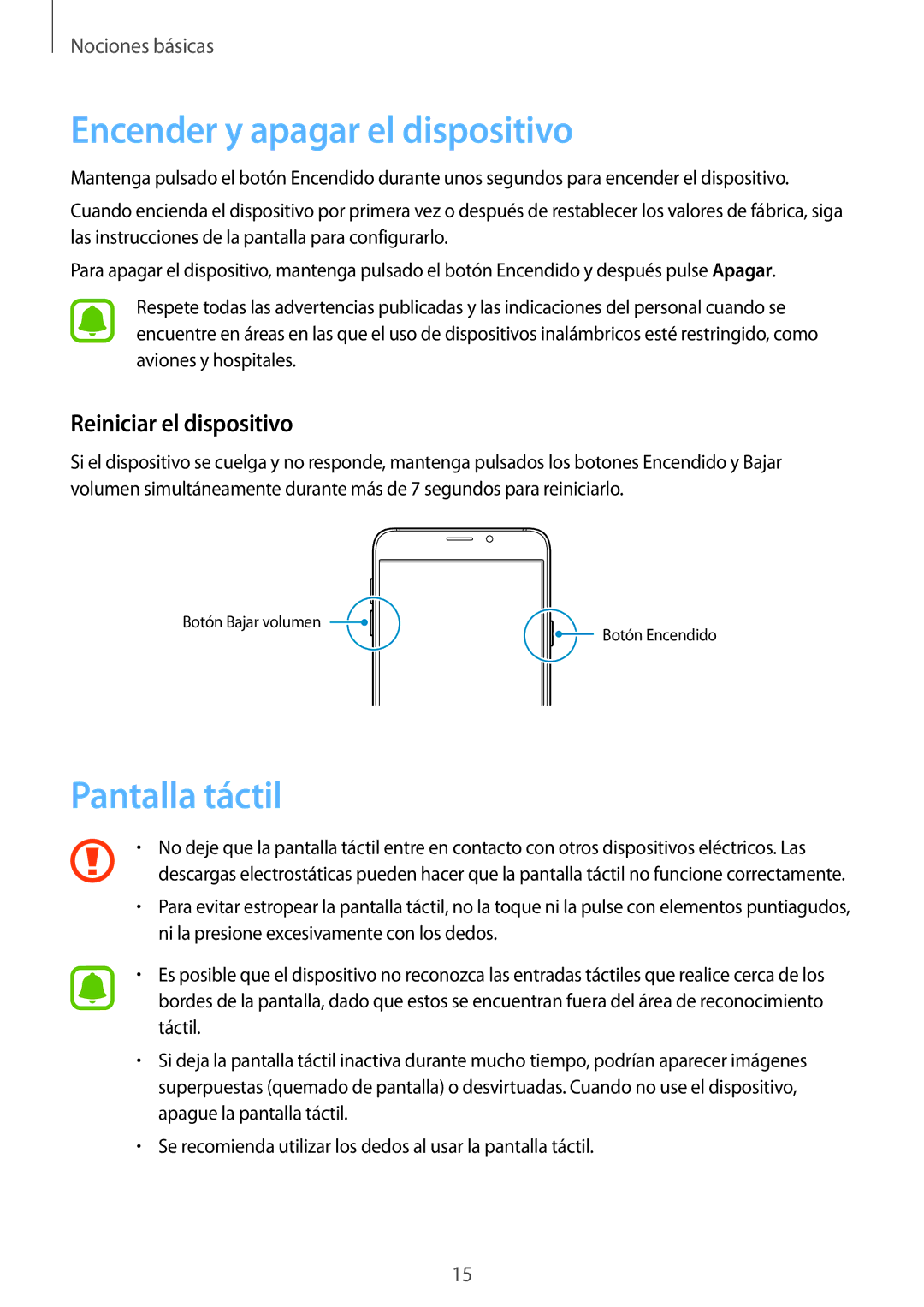 Samsung SM-A510FZDAPHE, SM-A510FEDAPHE manual Encender y apagar el dispositivo, Pantalla táctil, Reiniciar el dispositivo 