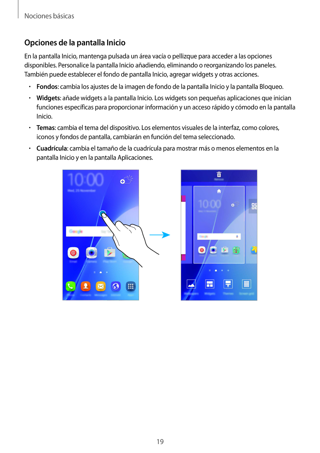 Samsung SM-A510FZDAPHE, SM-A510FEDAPHE, SM-A510FZWAPHE, SM-A510FZKAPHE manual Opciones de la pantalla Inicio 