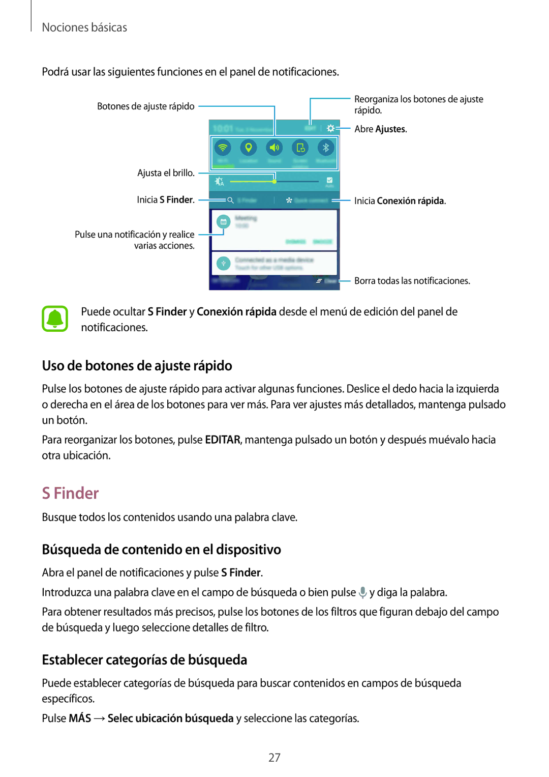 Samsung SM-A510FZDAPHE, SM-A510FEDAPHE Finder, Uso de botones de ajuste rápido, Búsqueda de contenido en el dispositivo 