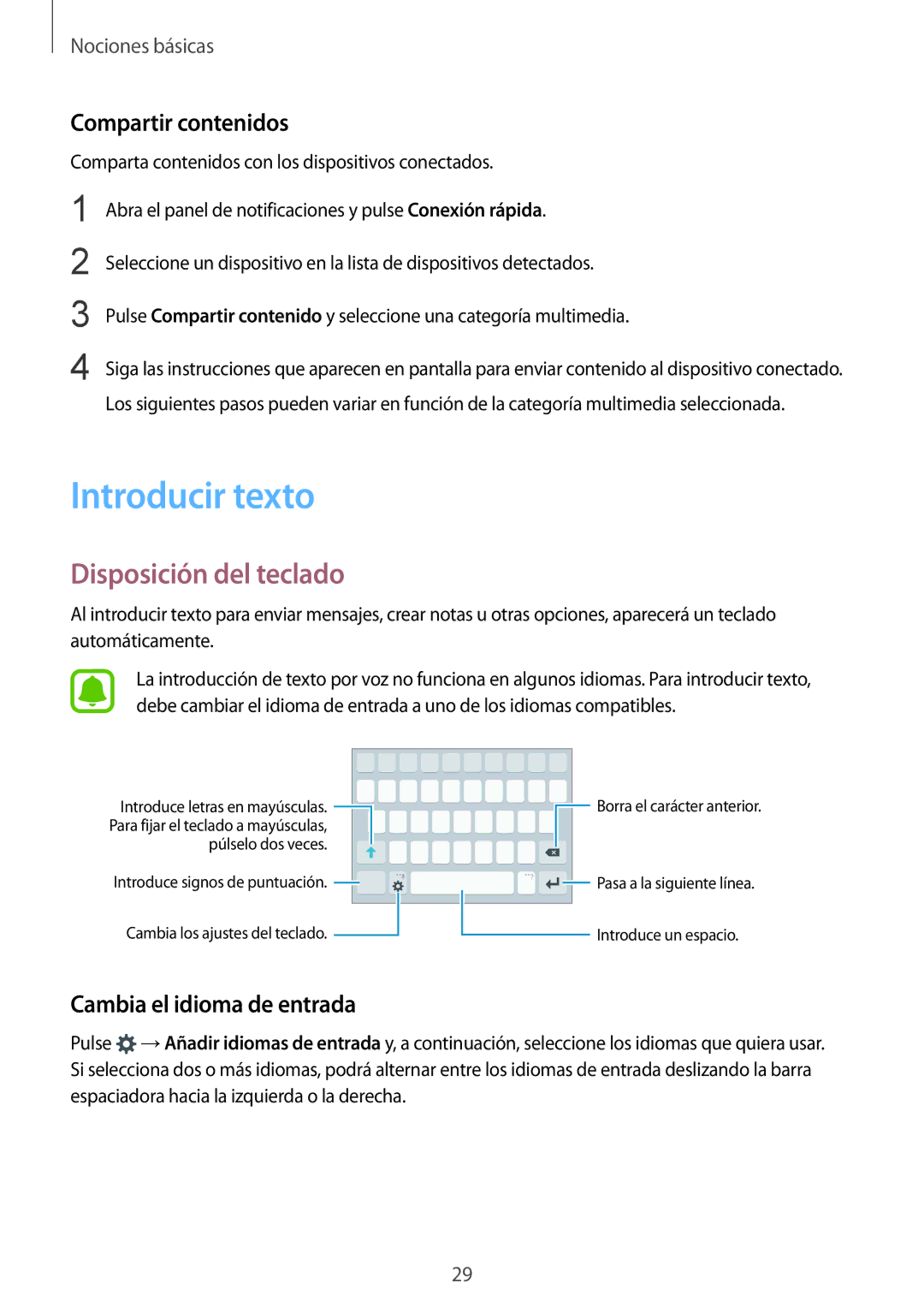 Samsung SM-A510FZWAPHE manual Introducir texto, Disposición del teclado, Compartir contenidos, Cambia el idioma de entrada 