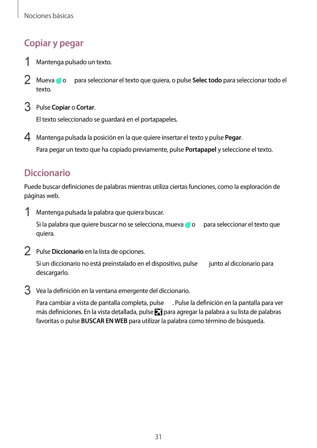Samsung SM-A510FZDAPHE, SM-A510FEDAPHE, SM-A510FZWAPHE, SM-A510FZKAPHE Copiar y pegar, Diccionario, Pulse Copiar o Cortar 