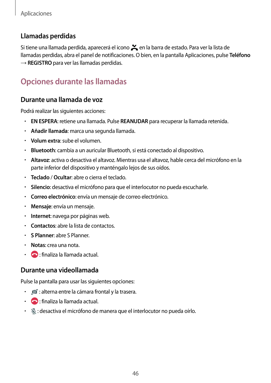 Samsung SM-A510FZKAPHE, SM-A510FEDAPHE manual Opciones durante las llamadas, Llamadas perdidas, Durante una llamada de voz 