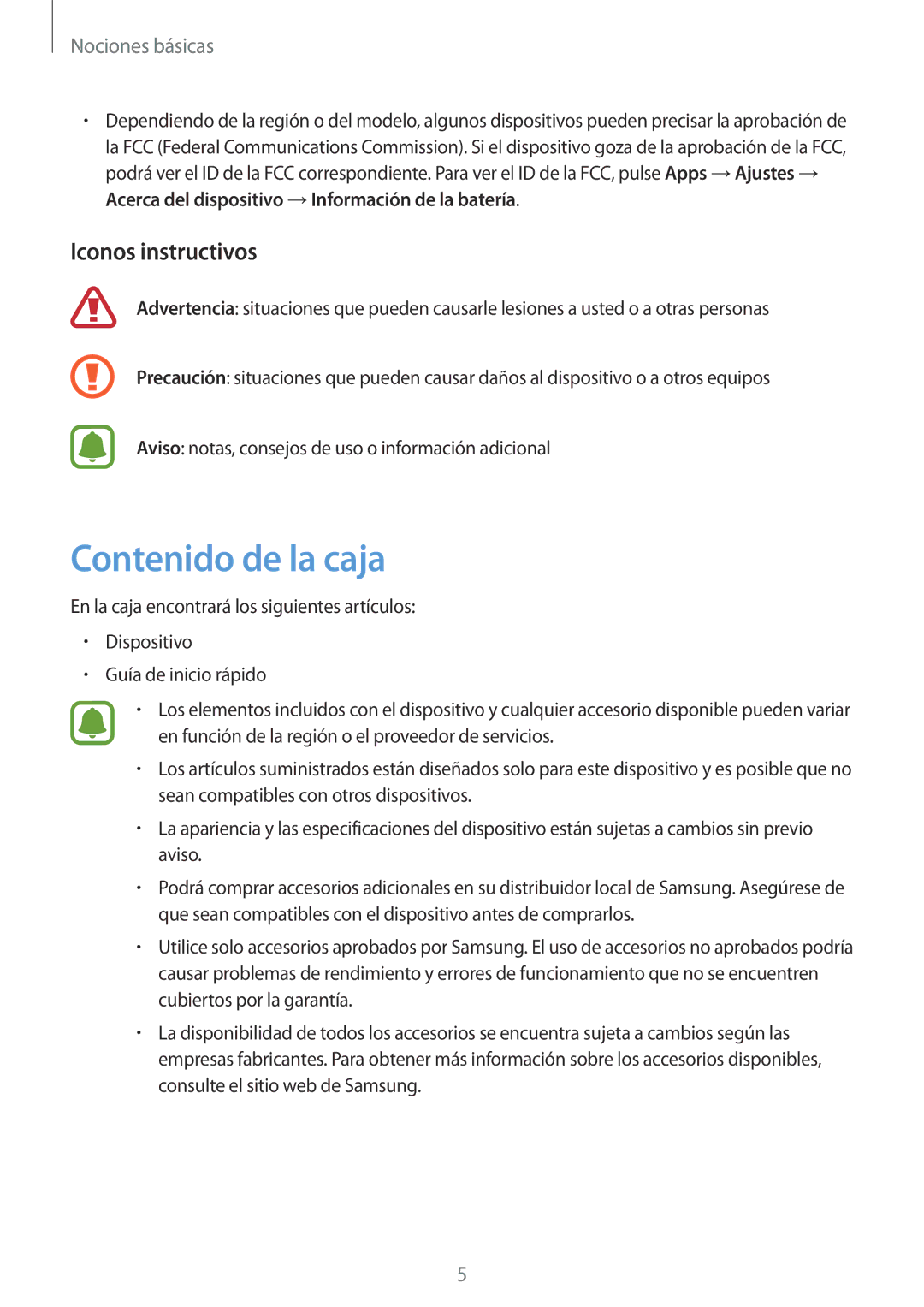 Samsung SM-A510FZWAPHE, SM-A510FEDAPHE, SM-A510FZKAPHE, SM-A510FZDAPHE manual Contenido de la caja, Iconos instructivos 