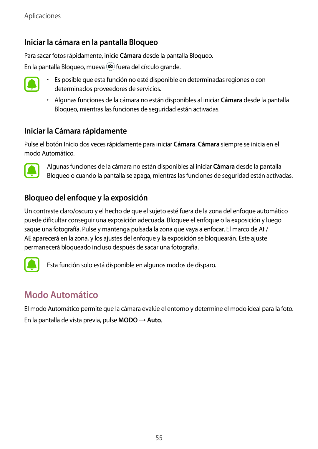 Samsung SM-A510FZDAPHE manual Modo Automático, Iniciar la cámara en la pantalla Bloqueo, Iniciar la Cámara rápidamente 
