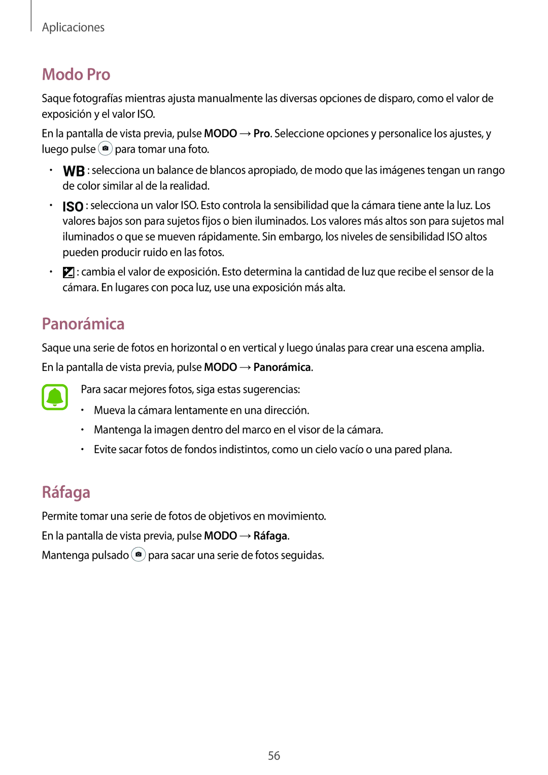 Samsung SM-A510FEDAPHE, SM-A510FZWAPHE, SM-A510FZKAPHE, SM-A510FZDAPHE manual Modo Pro, Panorámica, Ráfaga 