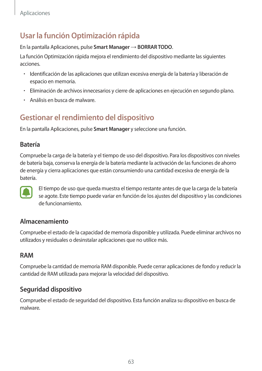 Samsung SM-A510FZDAPHE manual Usar la función Optimización rápida, Gestionar el rendimiento del dispositivo, Batería 