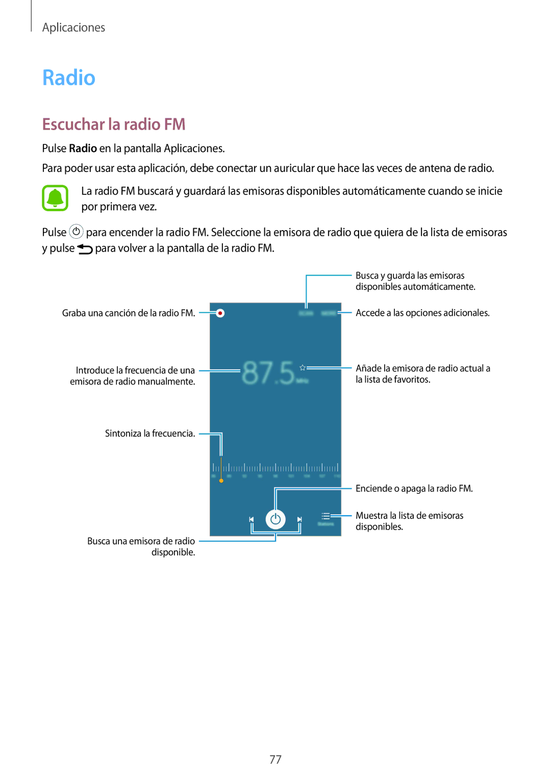 Samsung SM-A510FZWAPHE, SM-A510FEDAPHE, SM-A510FZKAPHE, SM-A510FZDAPHE manual Radio, Escuchar la radio FM 