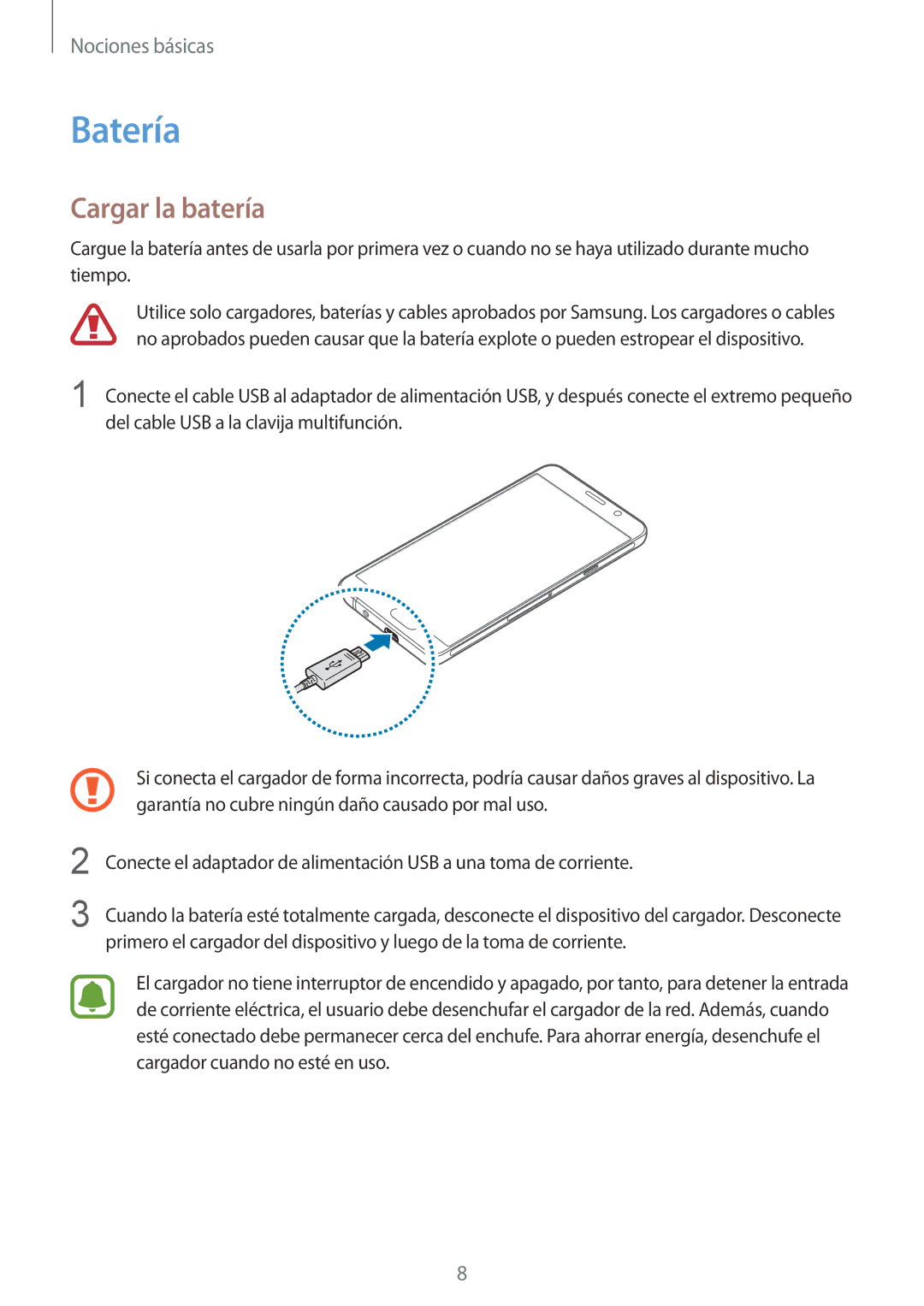 Samsung SM-A510FEDAPHE, SM-A510FZWAPHE, SM-A510FZKAPHE, SM-A510FZDAPHE manual Batería, Cargar la batería 