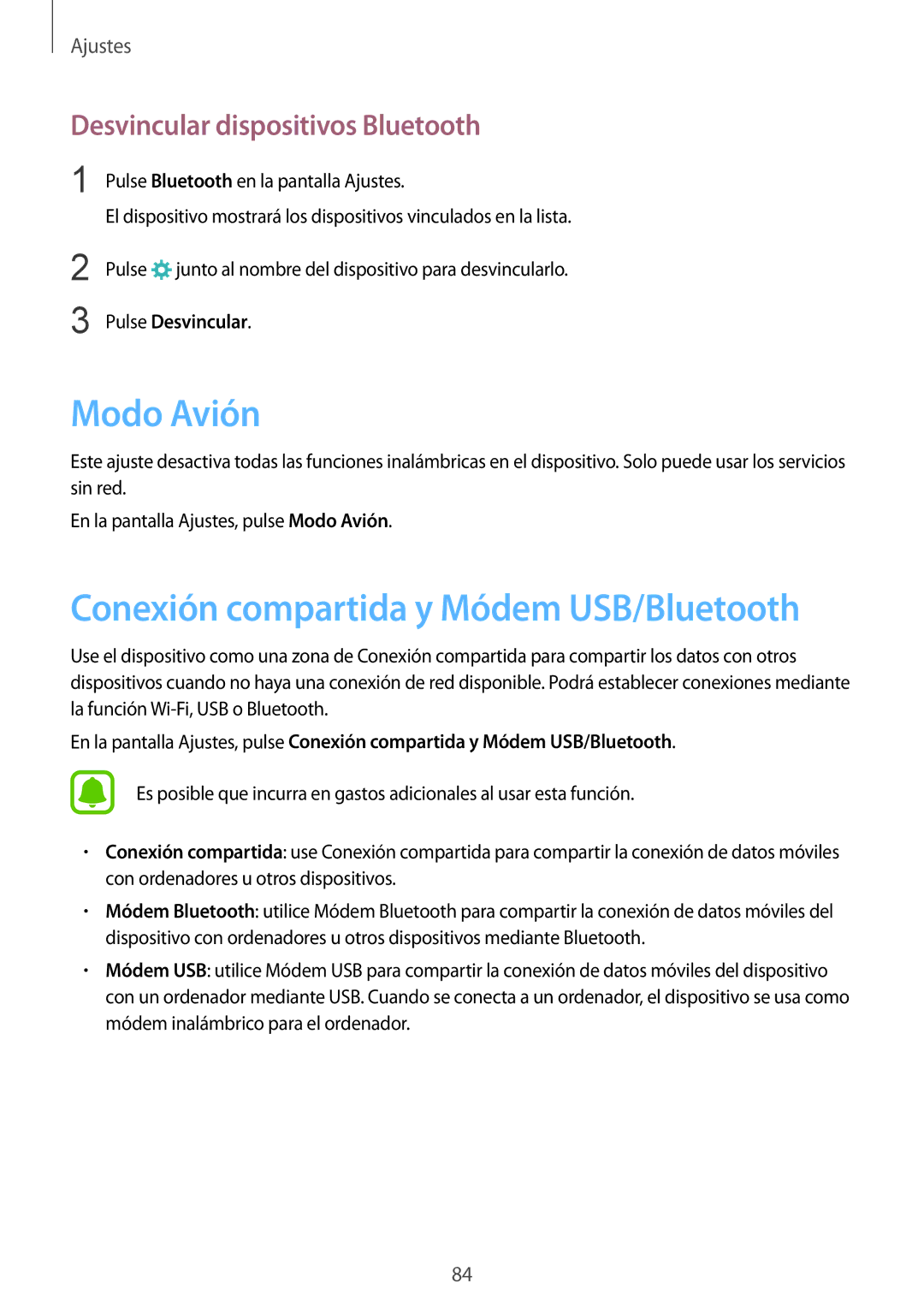 Samsung SM-A510FEDAPHE manual Modo Avión, Conexión compartida y Módem USB/Bluetooth, Desvincular dispositivos Bluetooth 