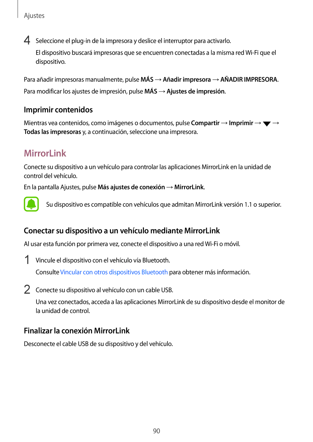 Samsung SM-A510FZKAPHE, SM-A510FEDAPHE Imprimir contenidos, Conectar su dispositivo a un vehículo mediante MirrorLink 